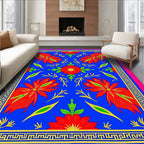 Vibrant Red Floral Blue Geometric Frame Rug