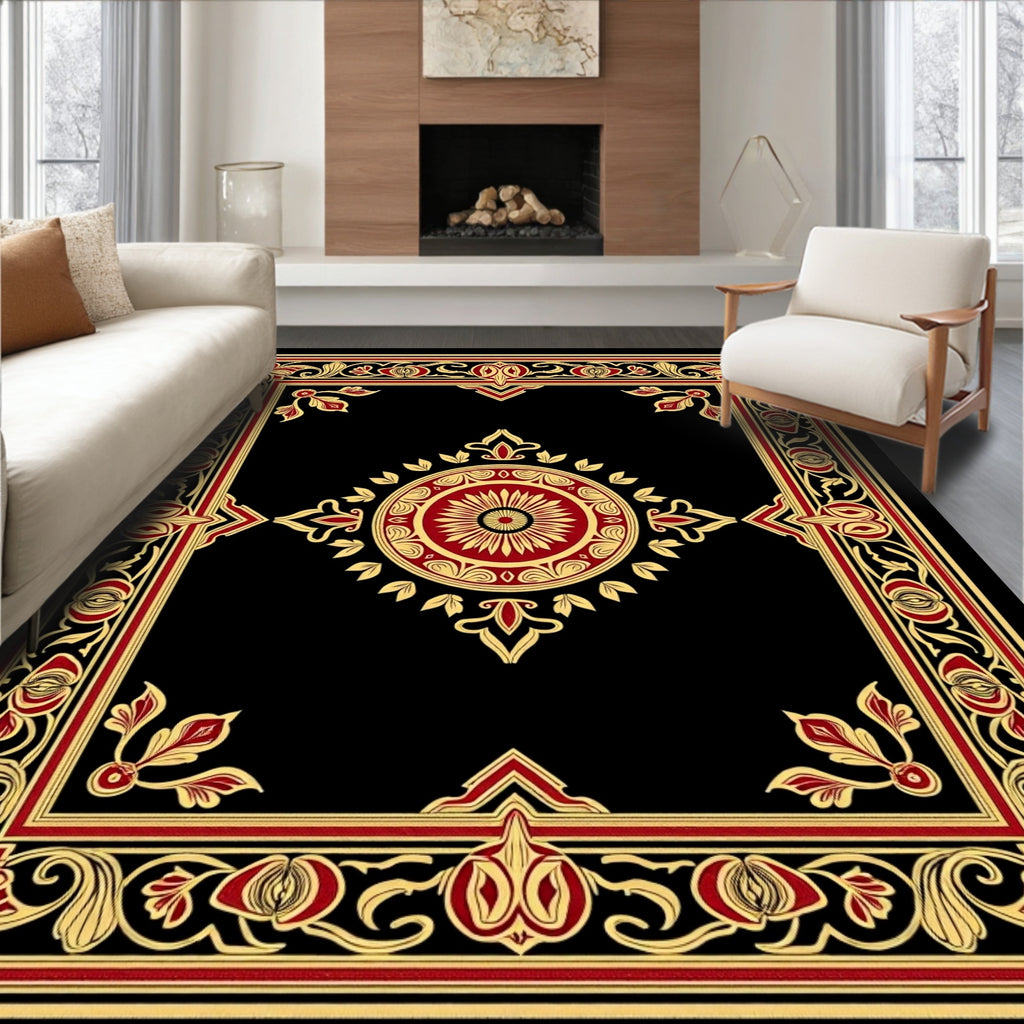 Ornate Black Gold Floral Patterned Rug