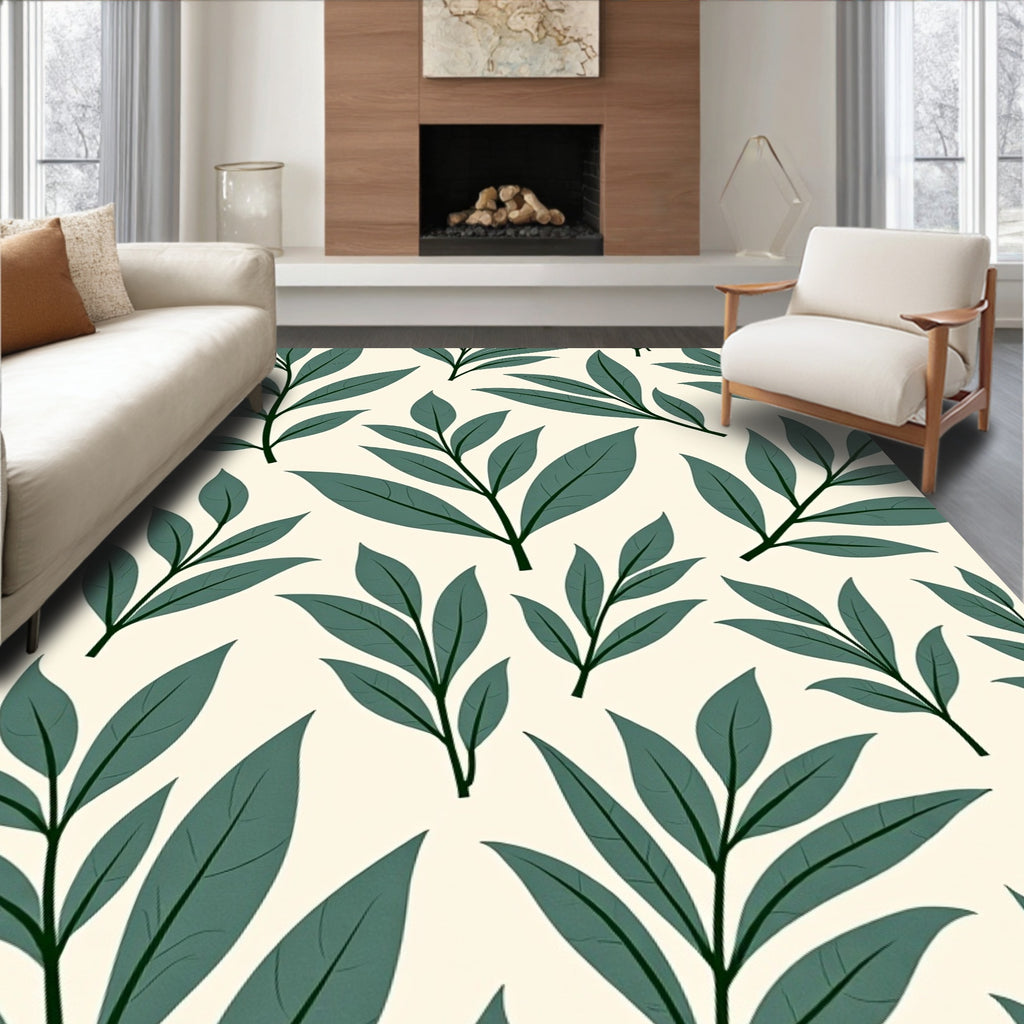 Organic Green Leaf Pattern Print Rug