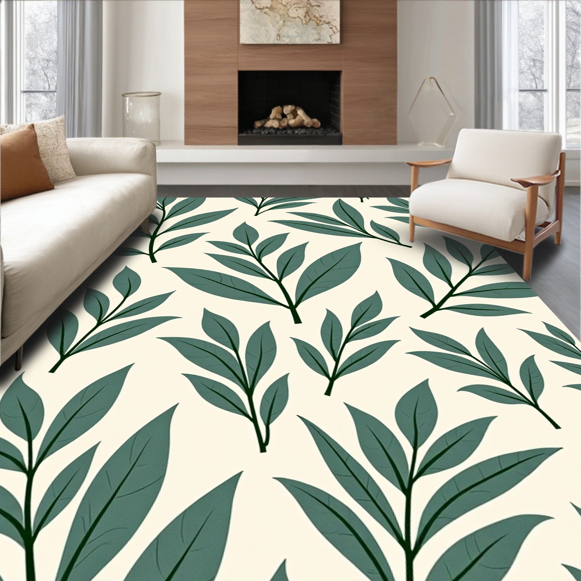 Organic Green Leaf Pattern Print Rug