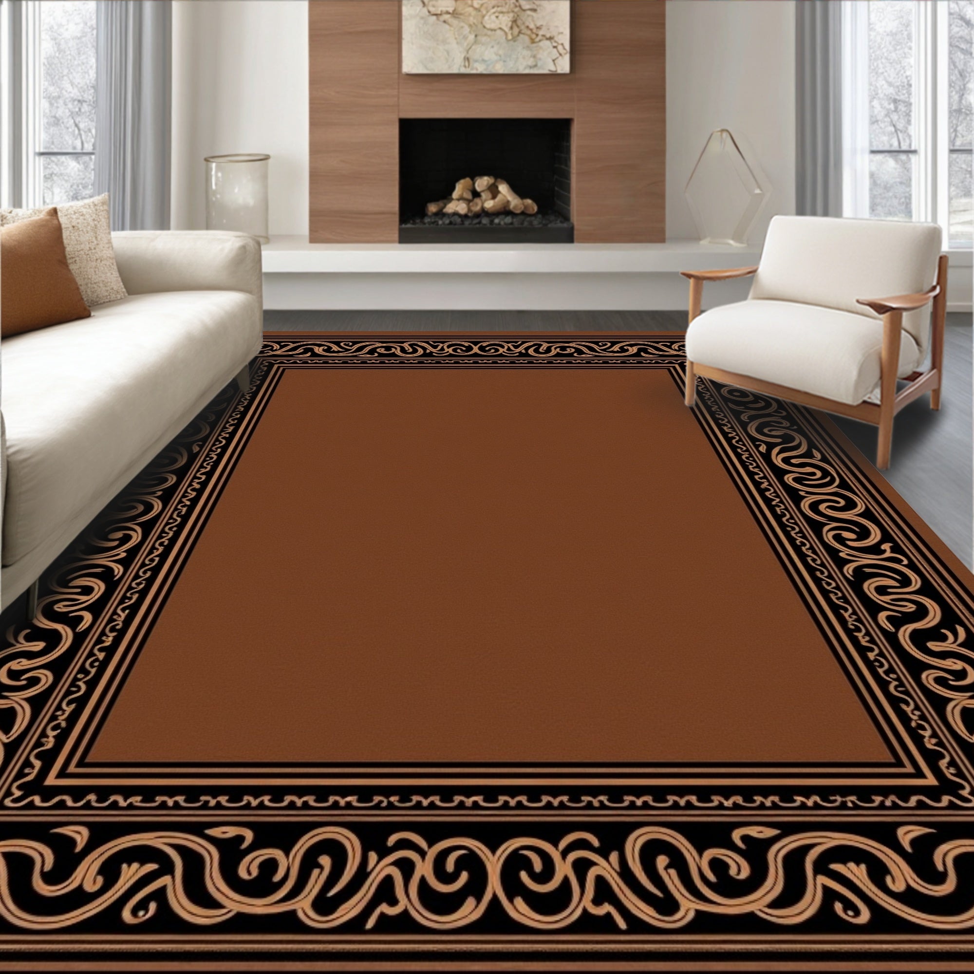 Classic Black Gold Scroll Border Rug