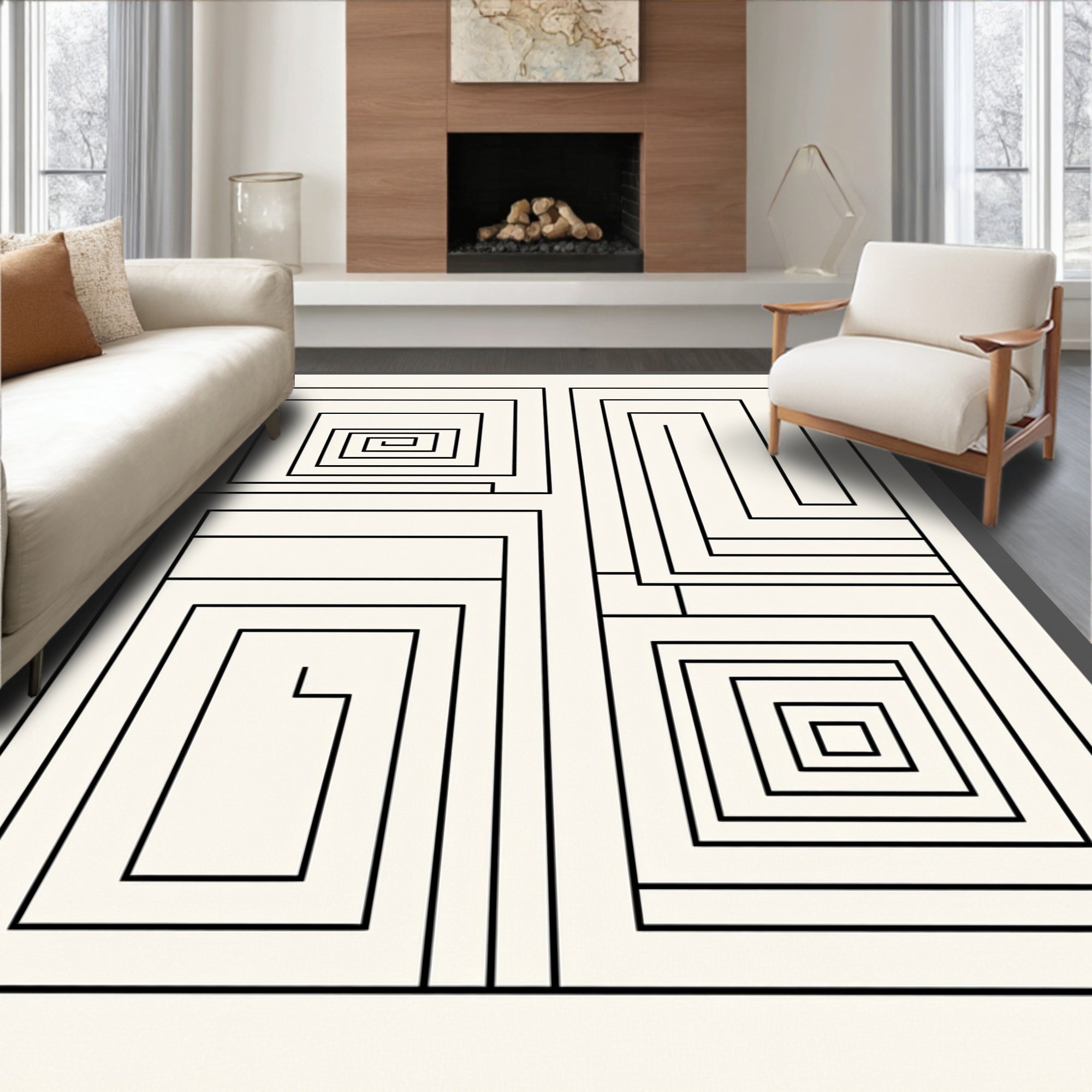 Simple Black White Geometric Maze Rug