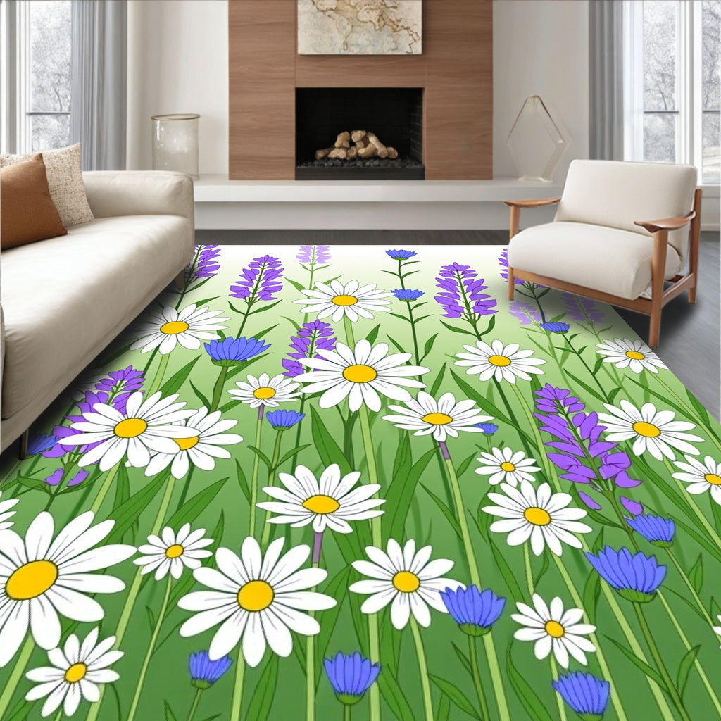 Floral Meadow Daisy Lavender Design Rug