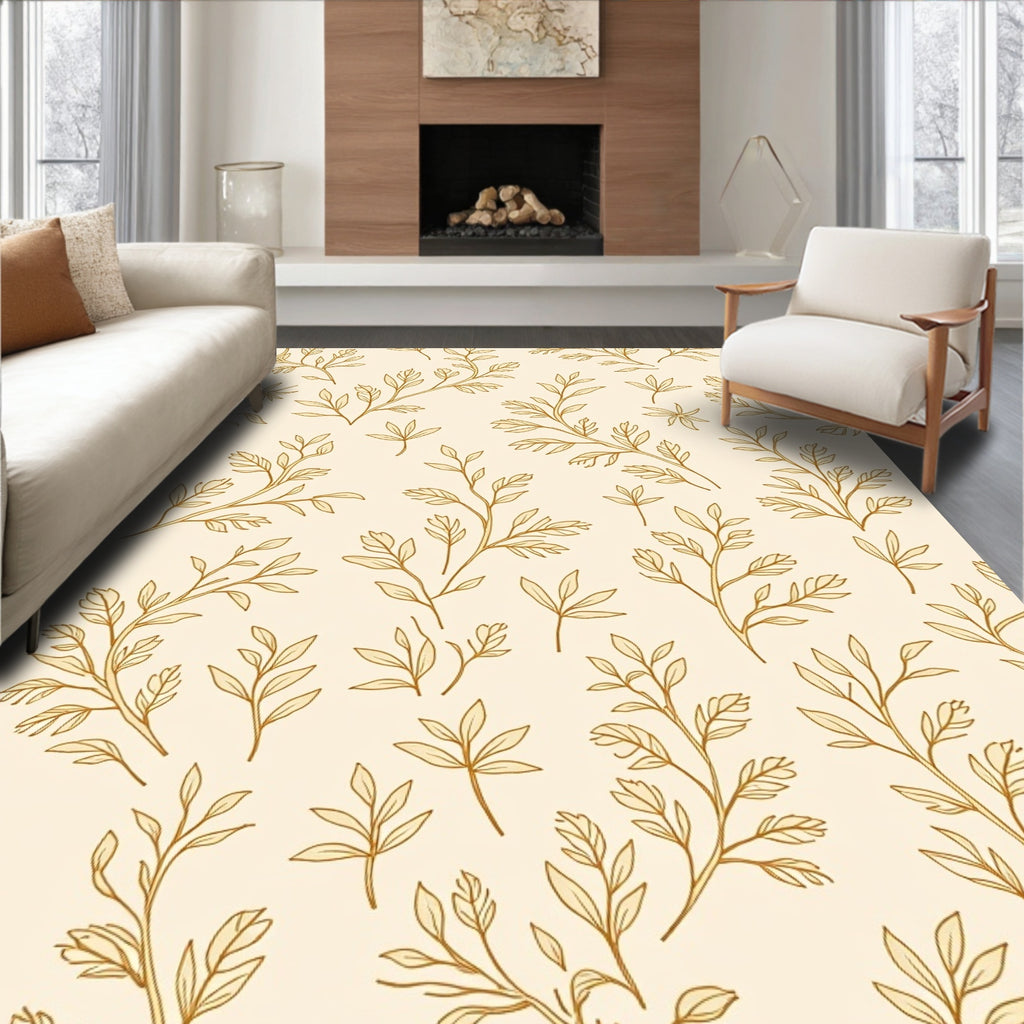 Delicate Floral Branch Patterned Golden Rug