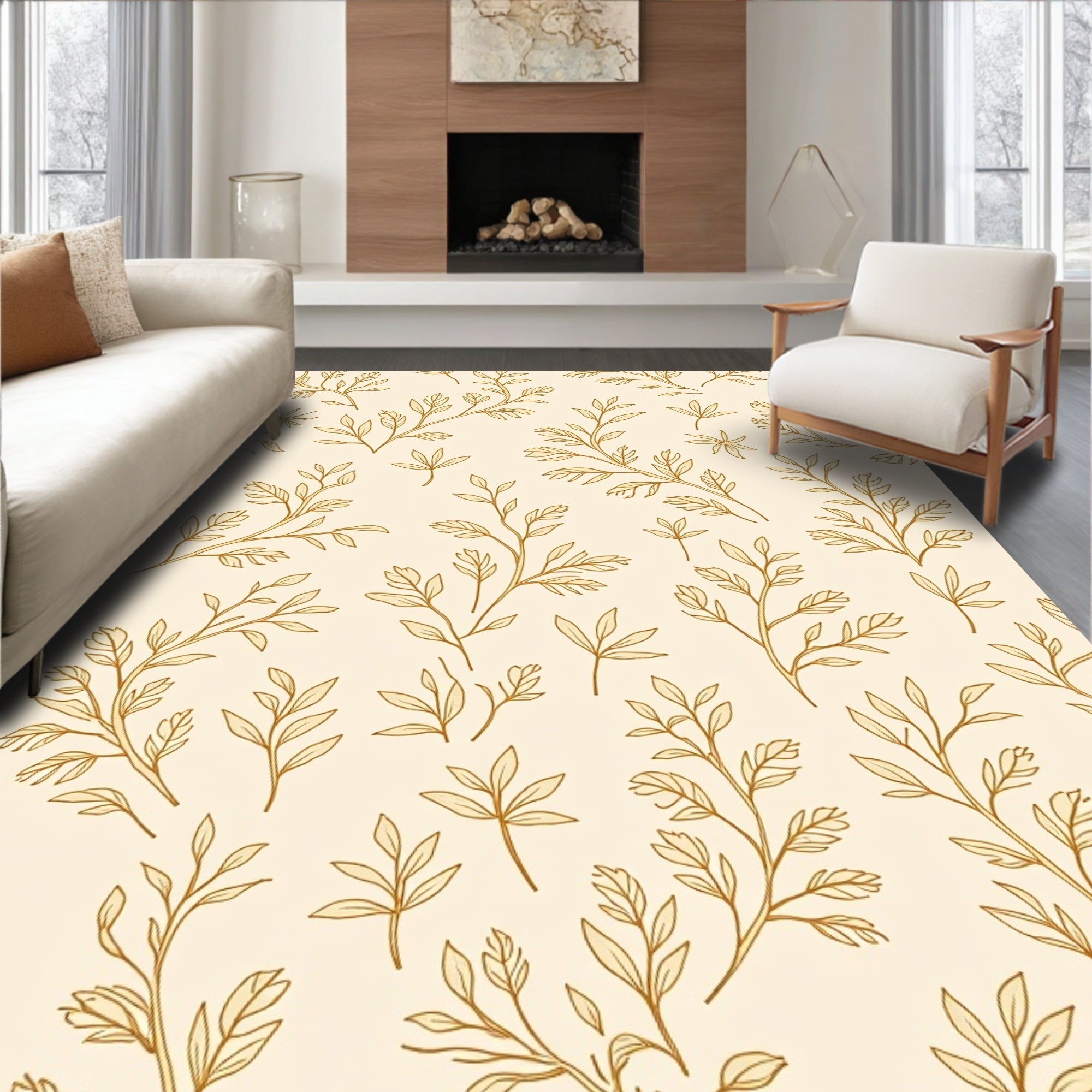 Delicate Floral Branch Patterned Golden Rug