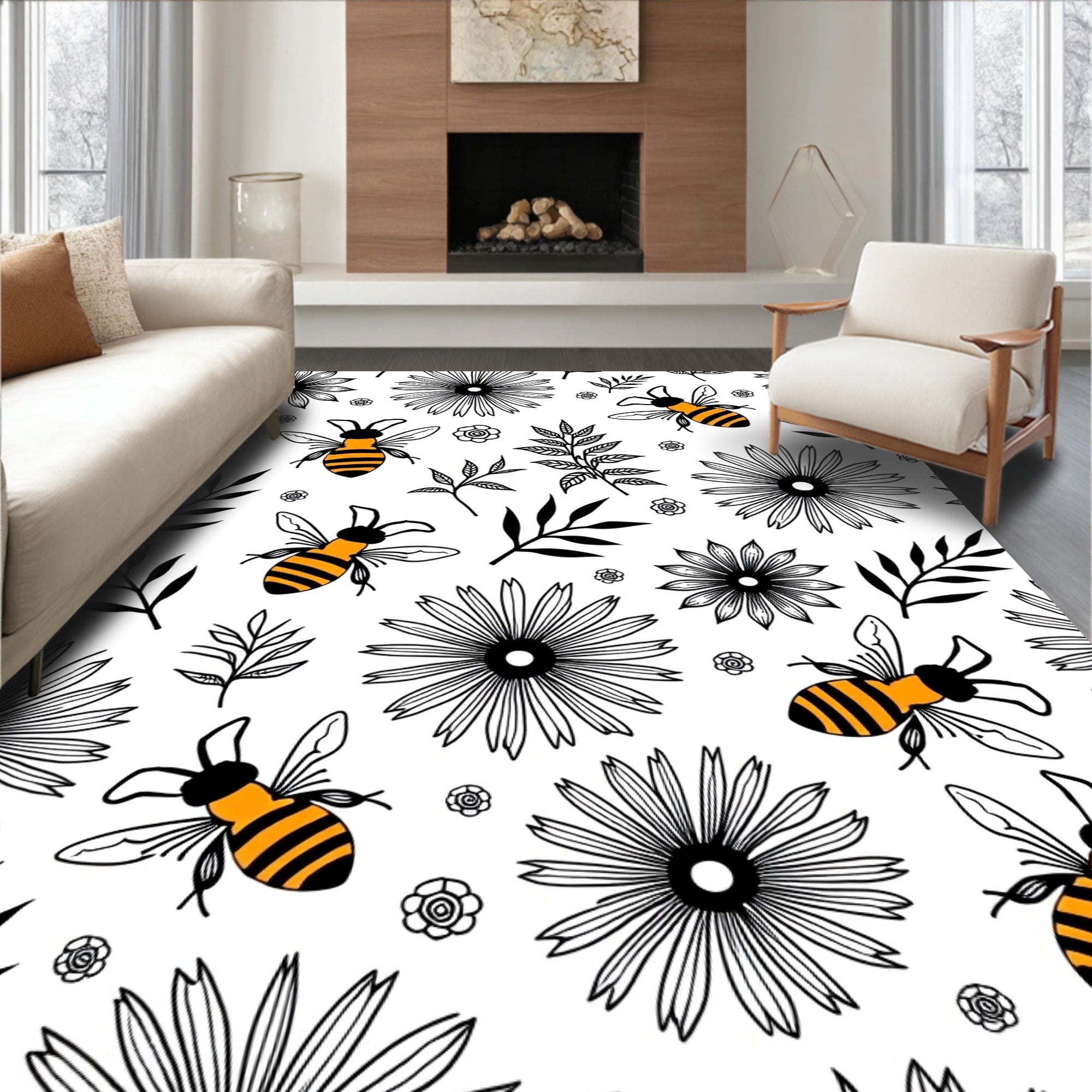 Whimsical Bees Daisy Pattern Rug