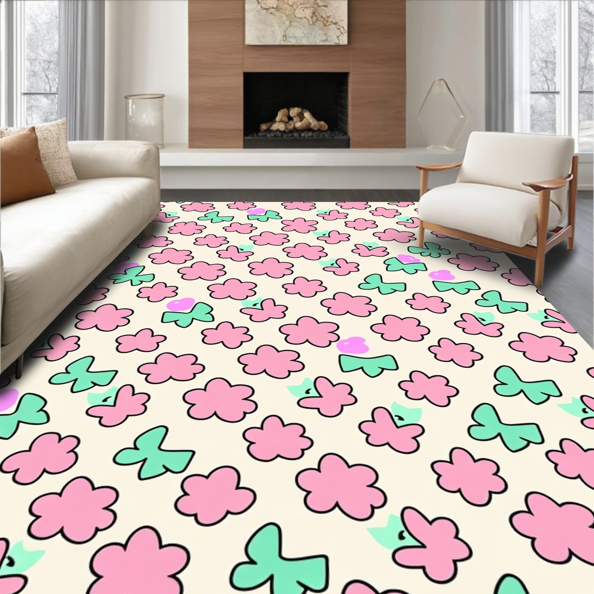 Playful Pink Teal Floral Pattern Rug