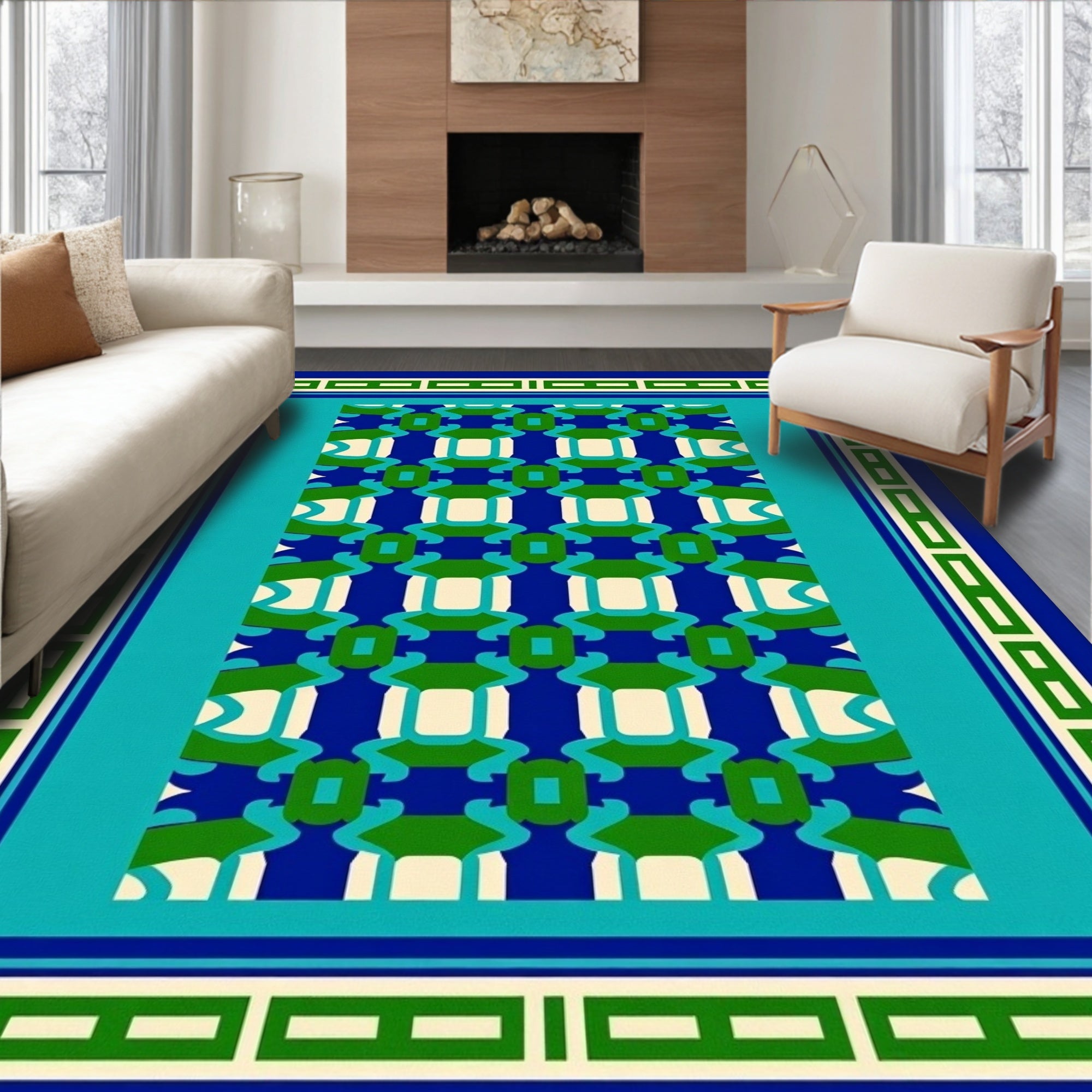 Classic Geometric Blue Green Ivory Pattern Rug