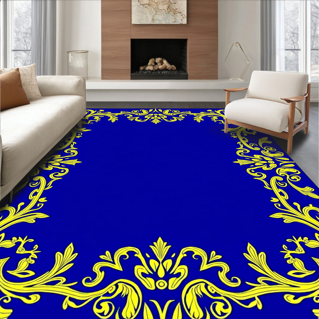 Ornate Yellow Floral Border Design Rug