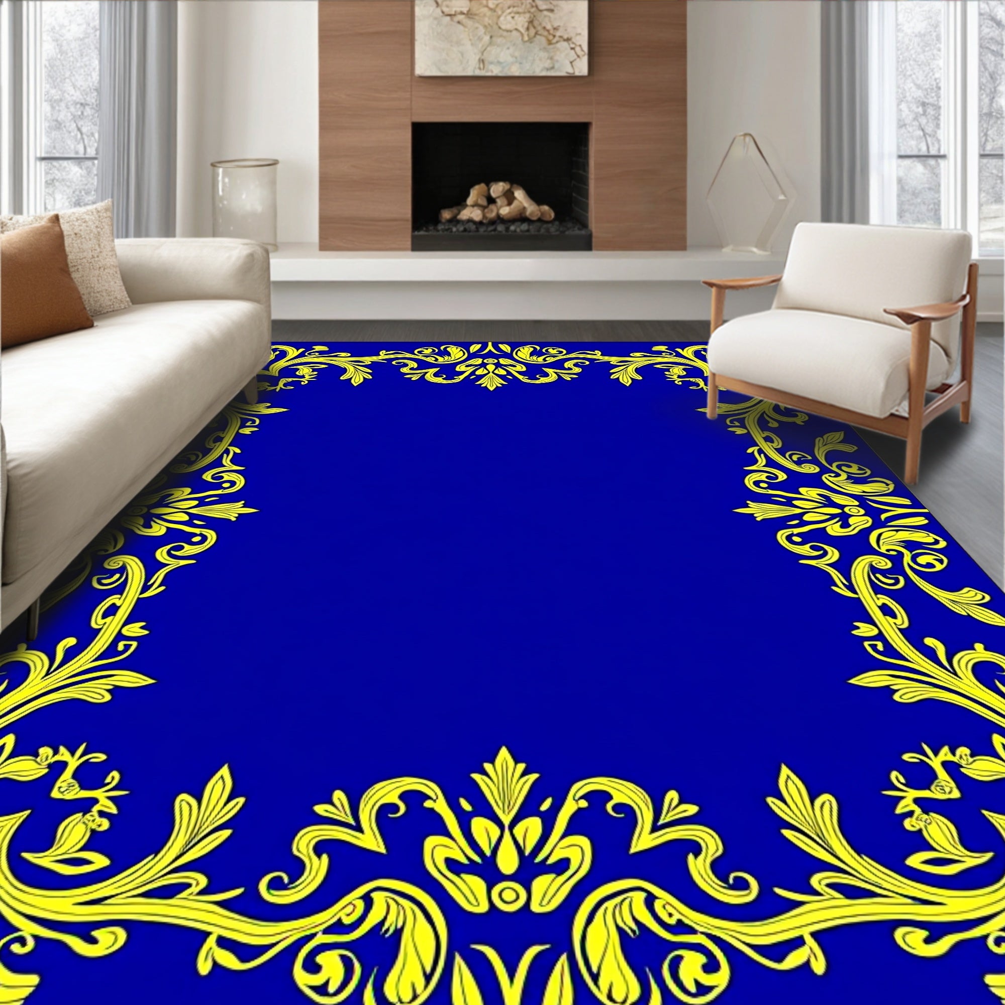 Ornate Yellow Floral Border Design Rug