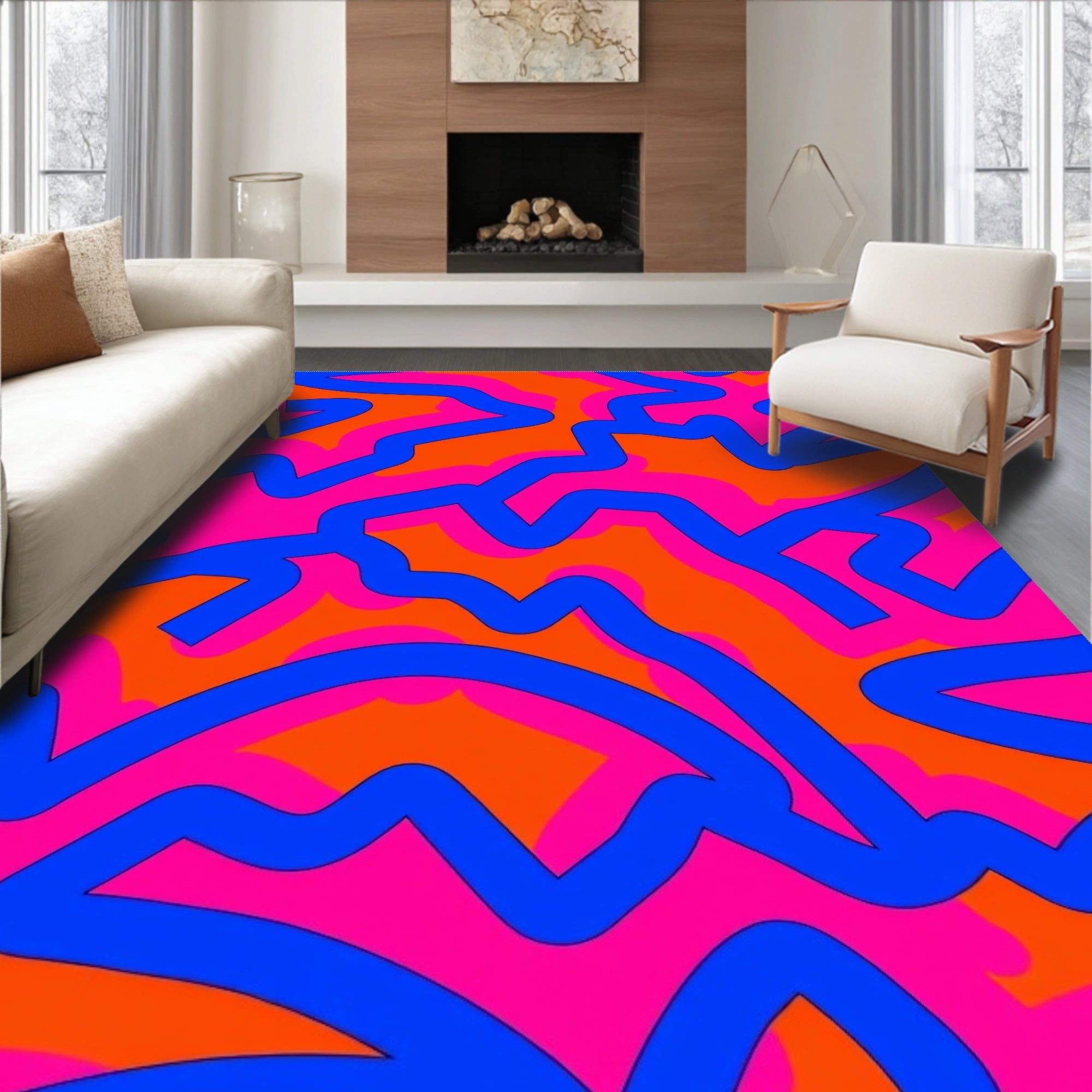 Abstract Blue Pink Orange Wavy Pattern Rug