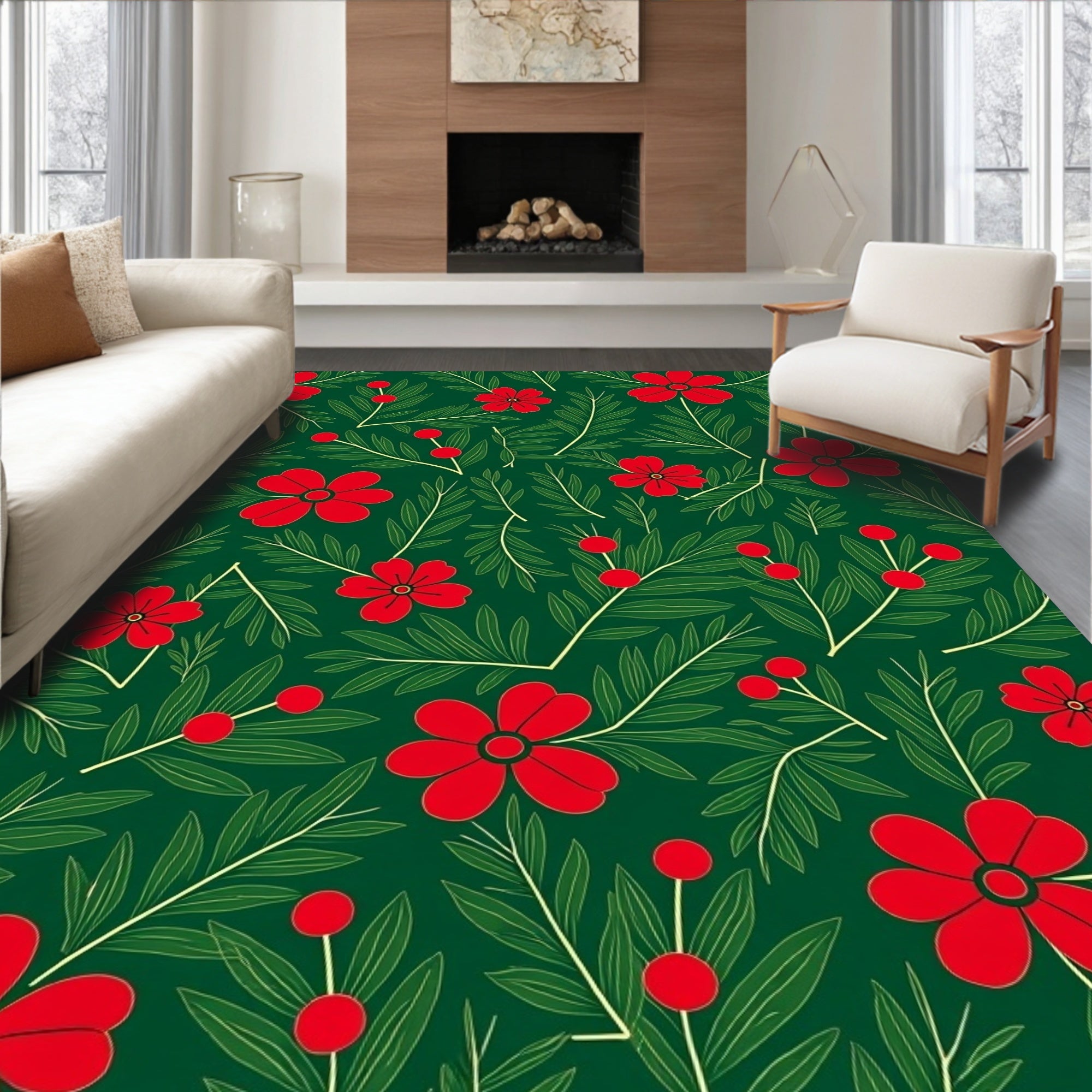 Red Floral Green Leaf Arrangement Rug