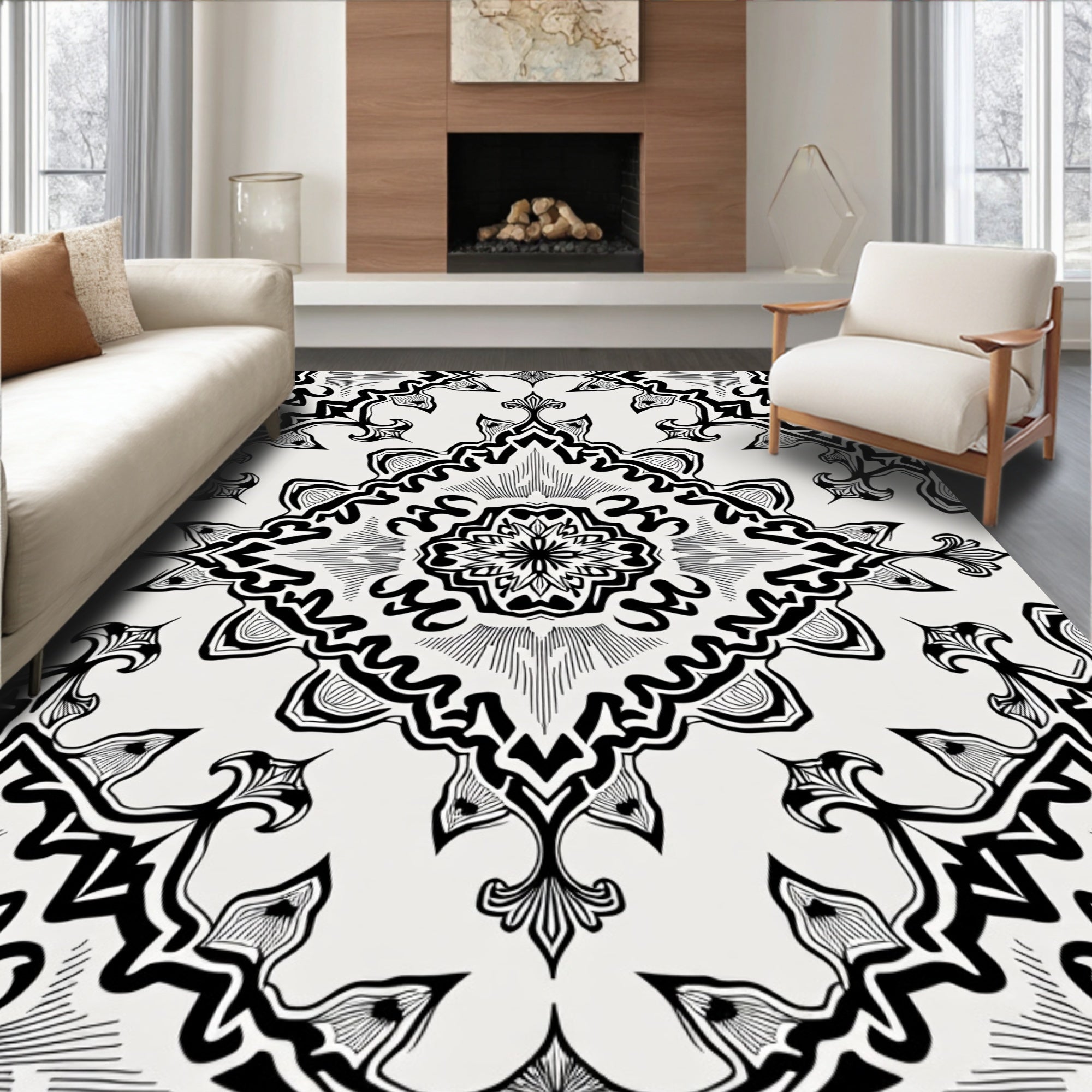 Intricate Black White Mandala Rug