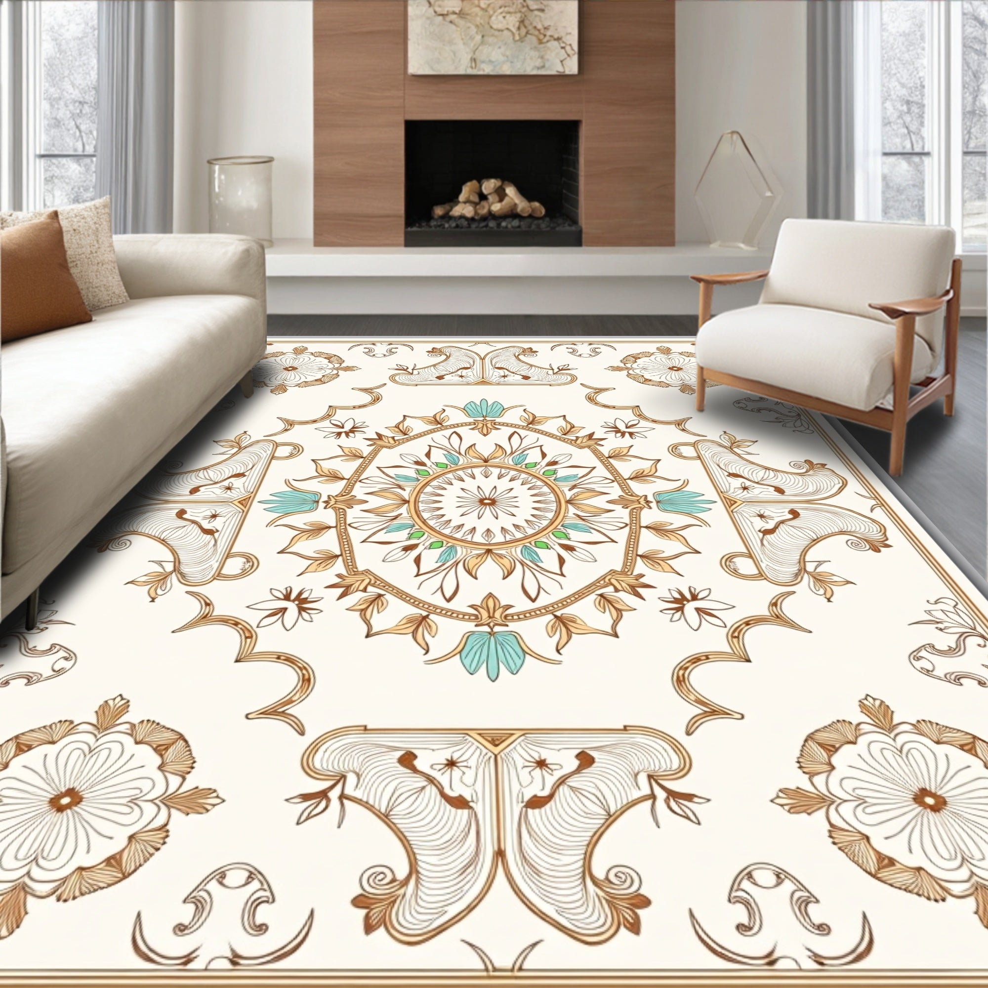 Ornate Geometric Floral Linework Rug
