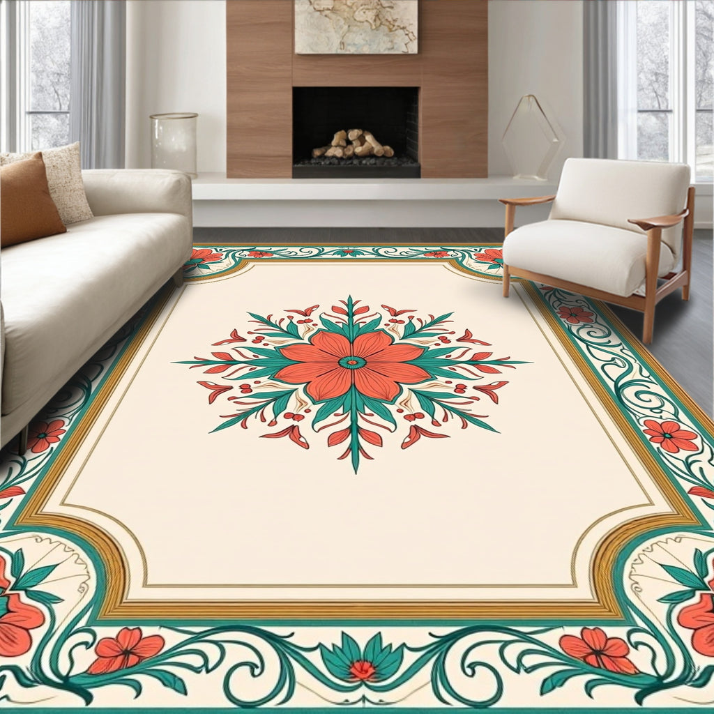 Coral Floral Geometric Medallion Design Rug