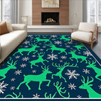 Green Deer and Snowflakes Navy Rug