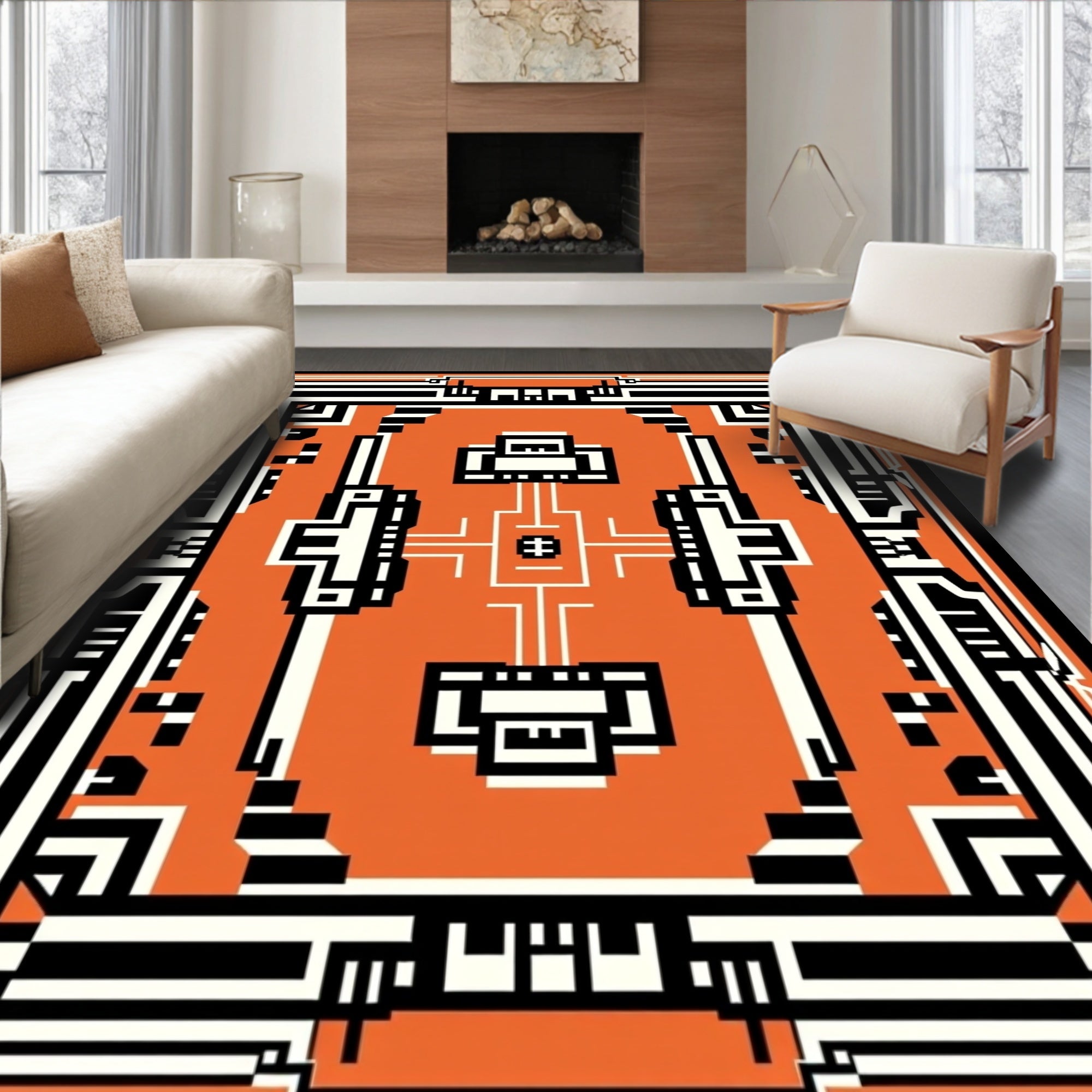 Bold Geometric Orange Black White Design Rug