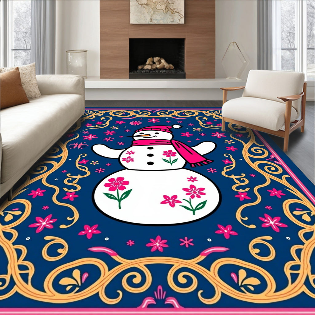 Whimsical Snowman Pink Floral Border Rug