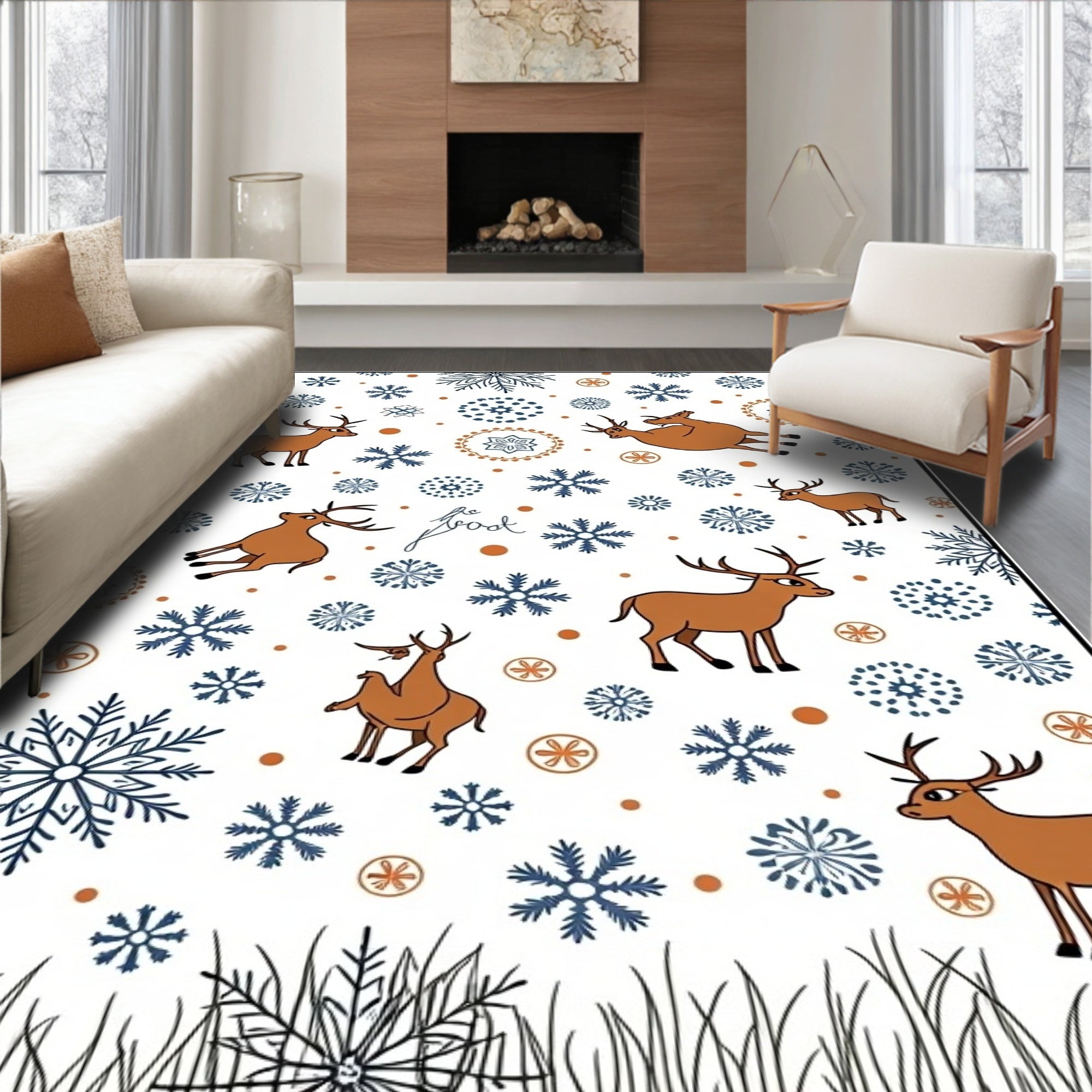 Whimsical Brown Deer Snowflake Cascade Rug