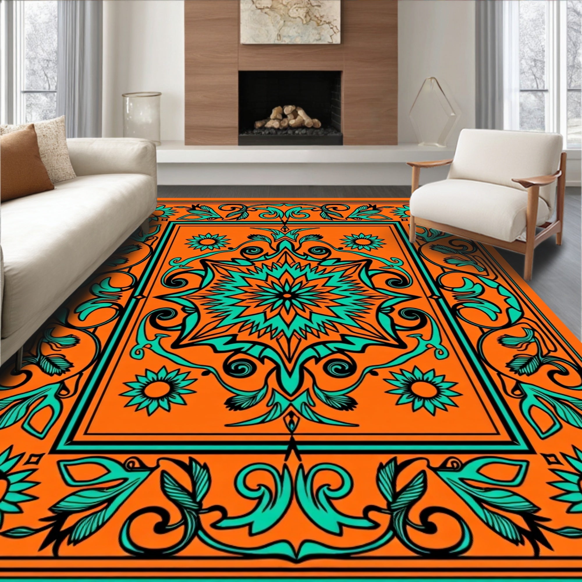 Bold Orange Aqua Floral Mandala Square Rug