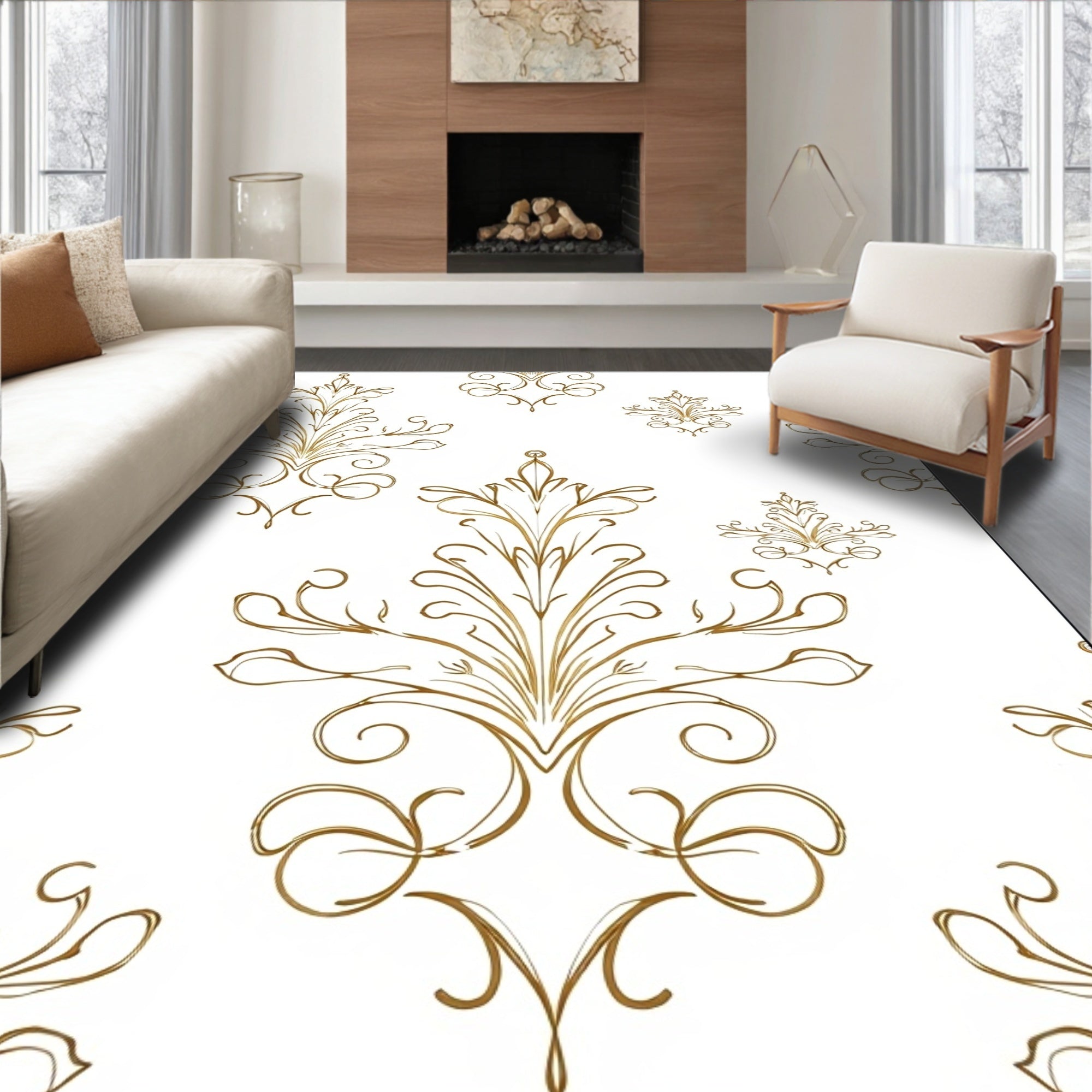 Ornate Gold Flourish Scrollwork Rug