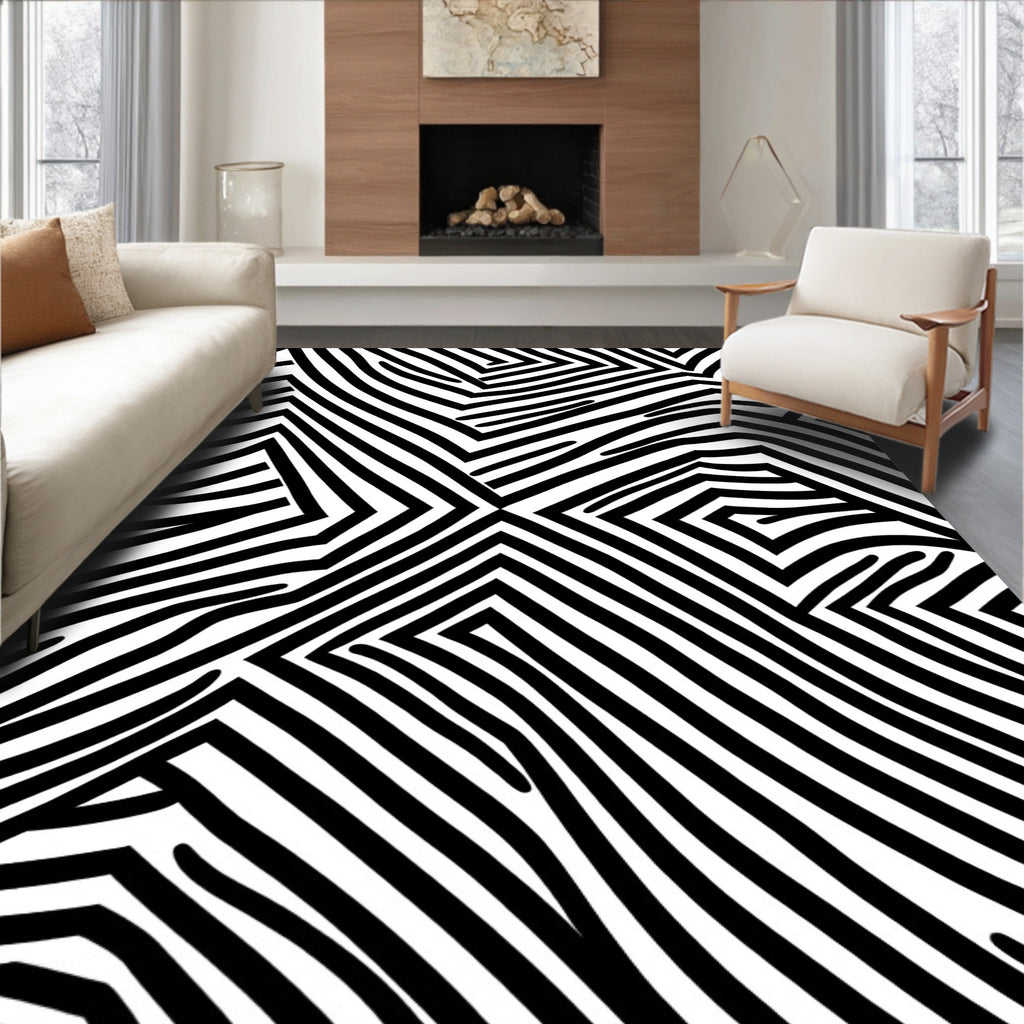 Bold Black White Geometric Stripes Rug