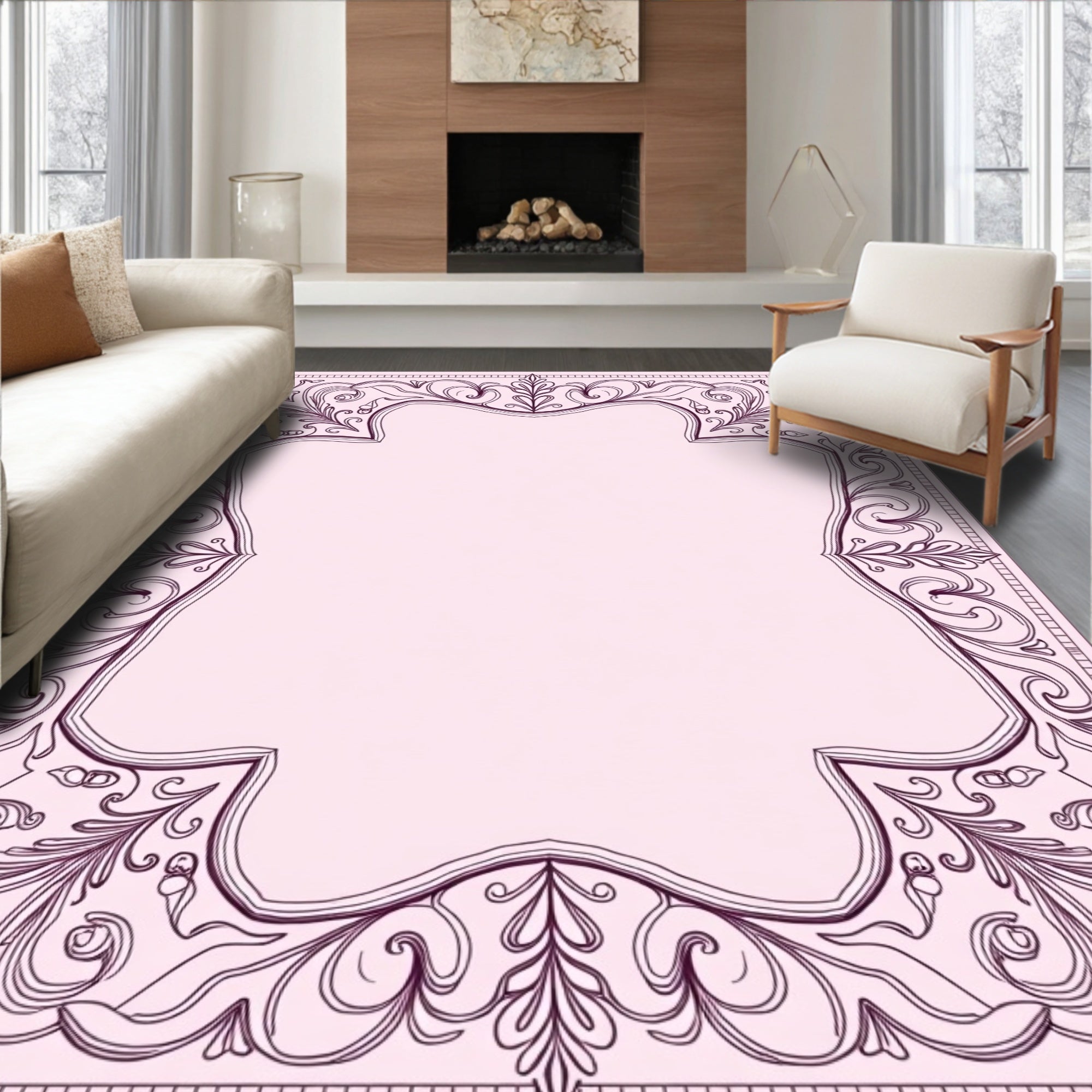 Ornate Floral Scrollwork Border Design Rug