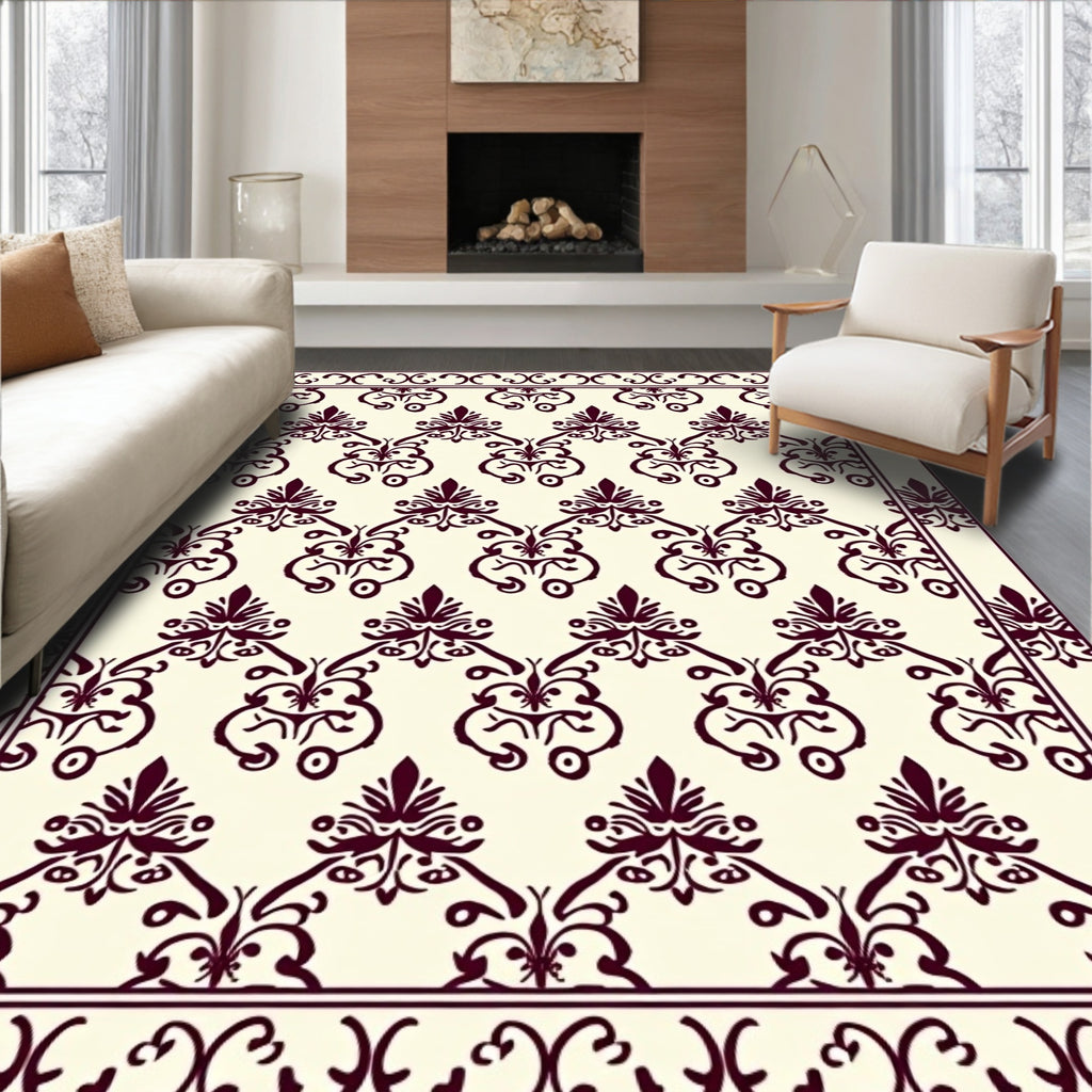 Ornate Damask Patterned Burgundy Design Rug