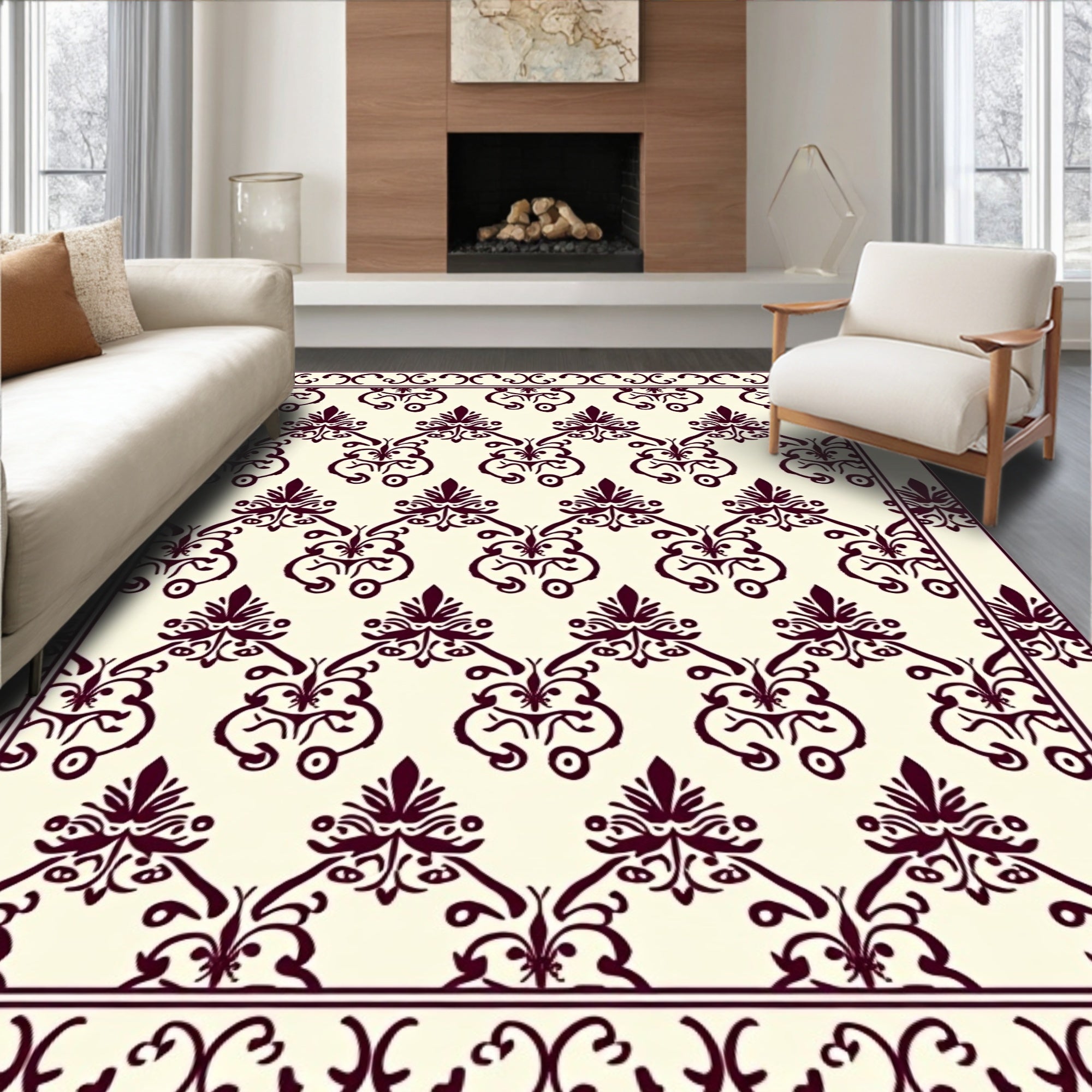 Ornate Damask Patterned Burgundy Design Rug