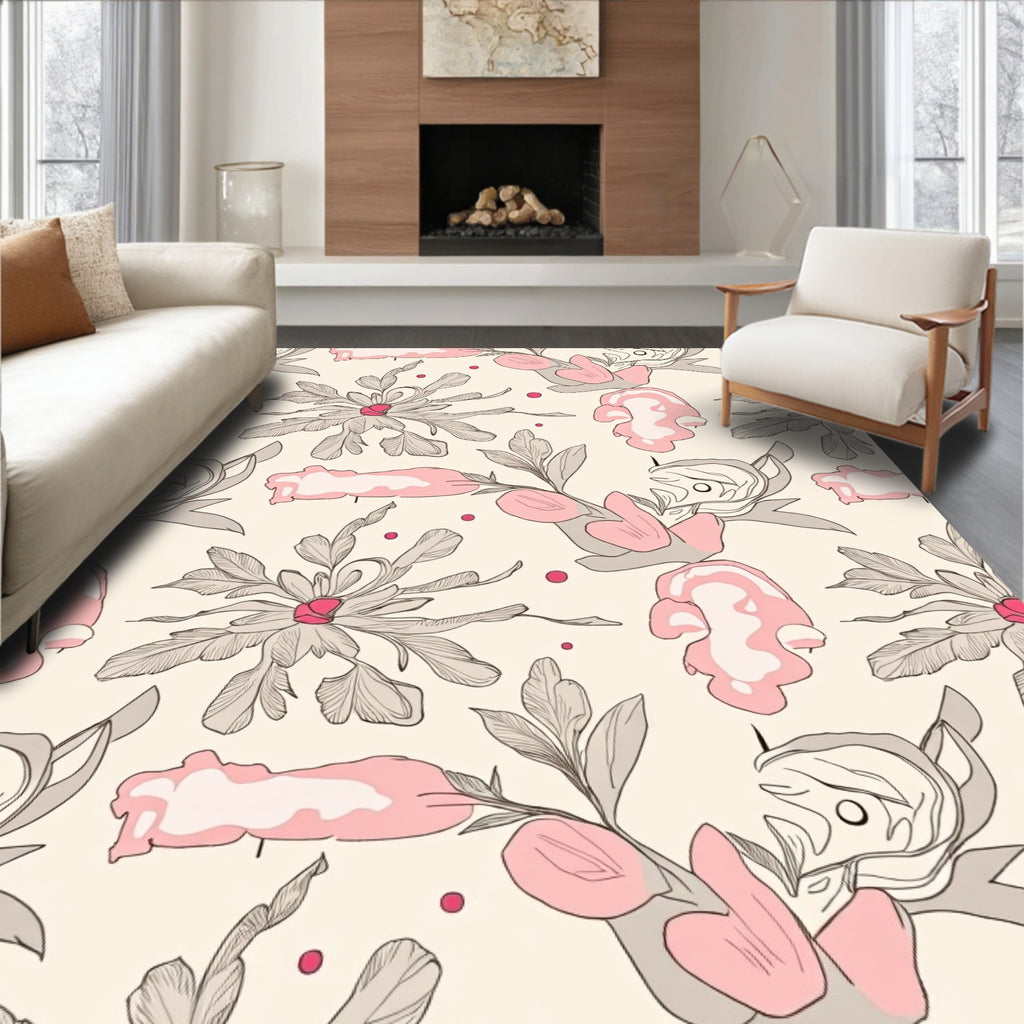 Art Nouveau Botanical Pink Floral Design Rug