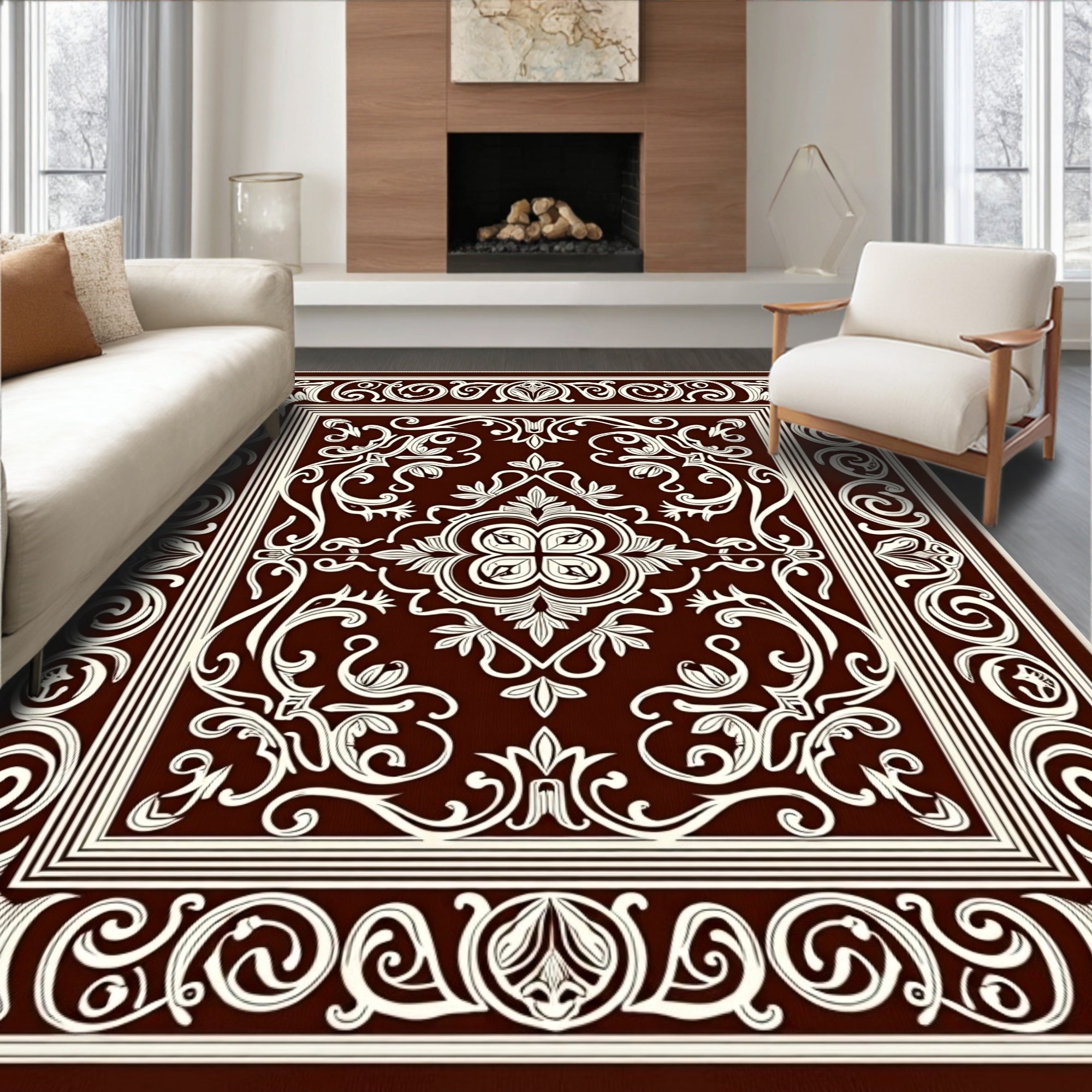 Classic Ivory Swirl Floral Pattern Rug