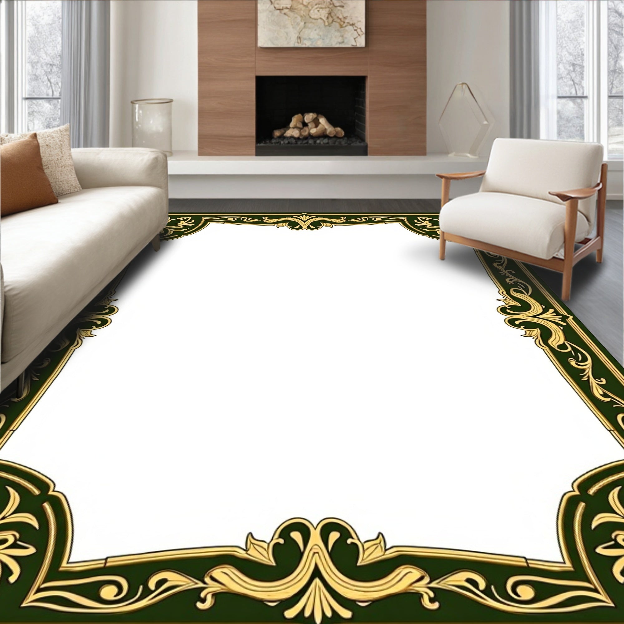 Ornate Flourish Gold Green Border Rug