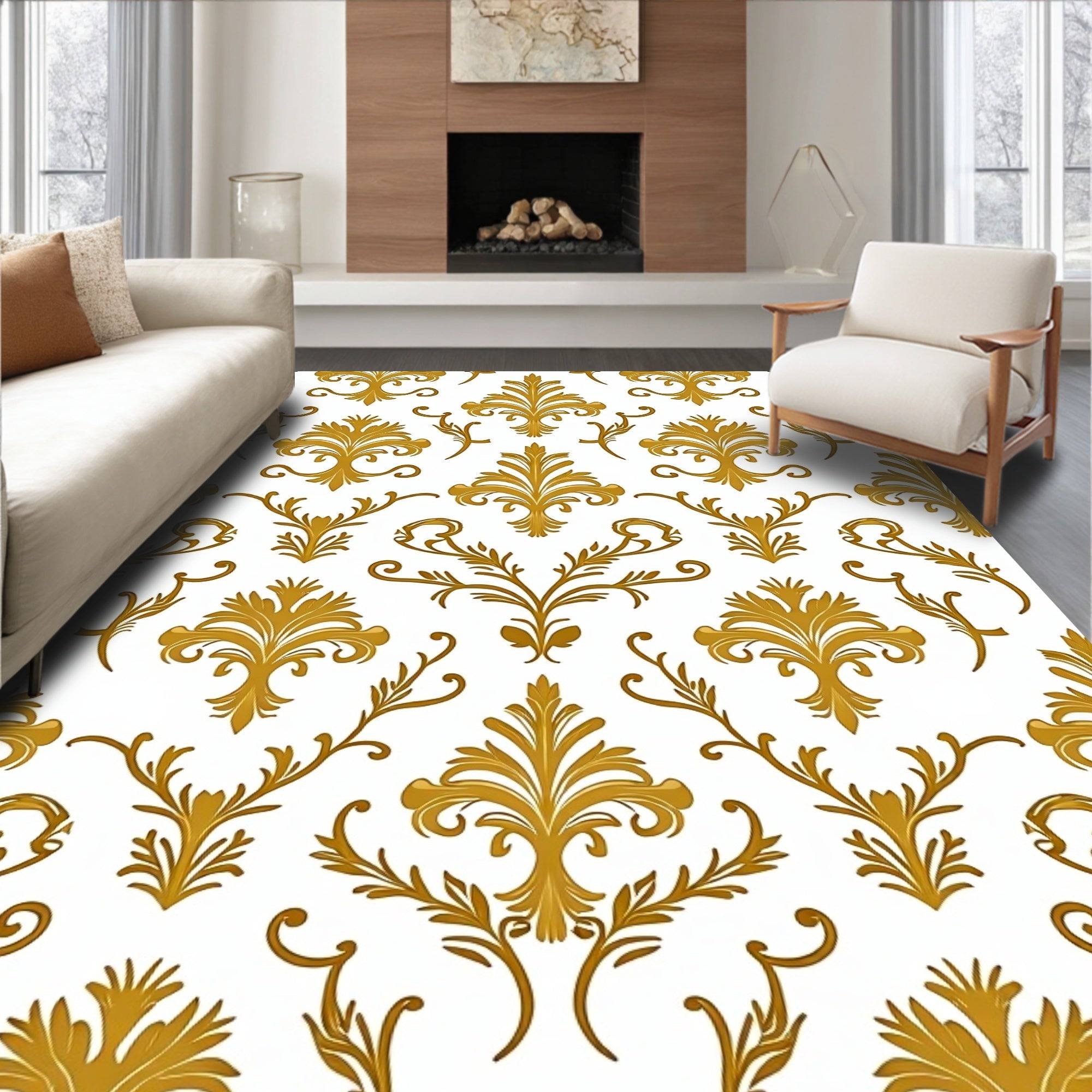 Classic Gold Leaf Damask Pattern Rug