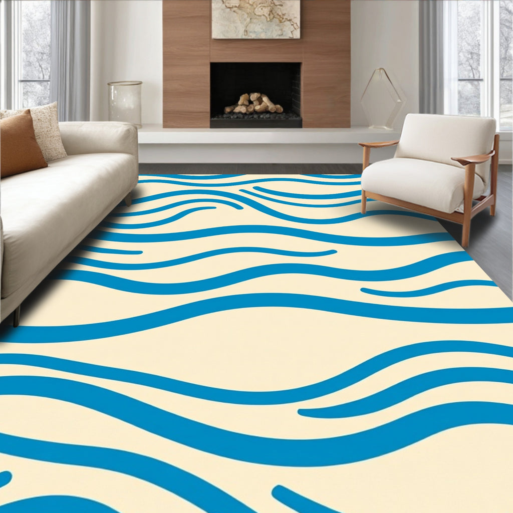 Abstract Blue Flowing Waves Design Rug