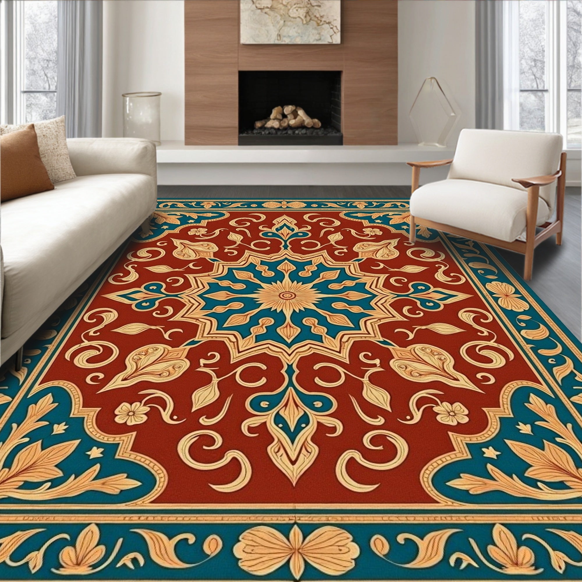 Intricate Floral Medallion Bordered Rug