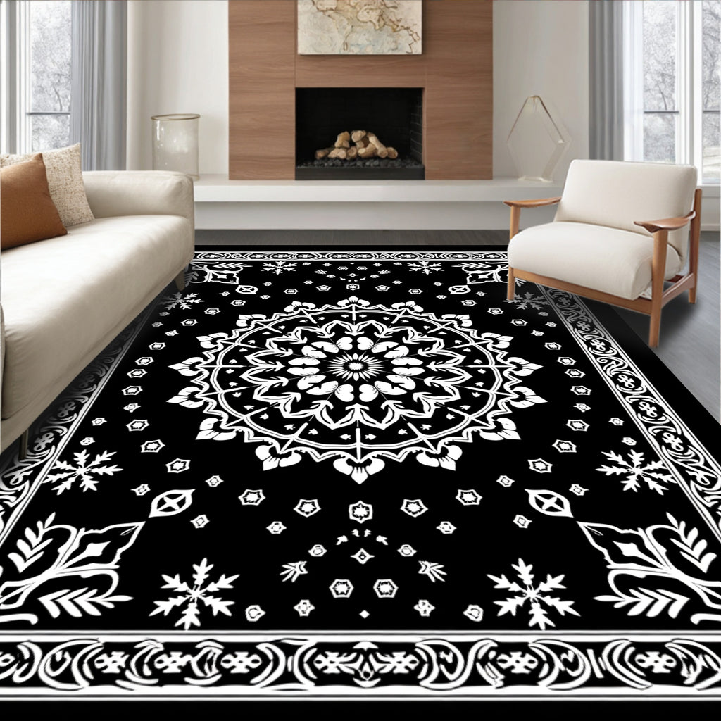 Intricate Black White Mandala Design Rug
