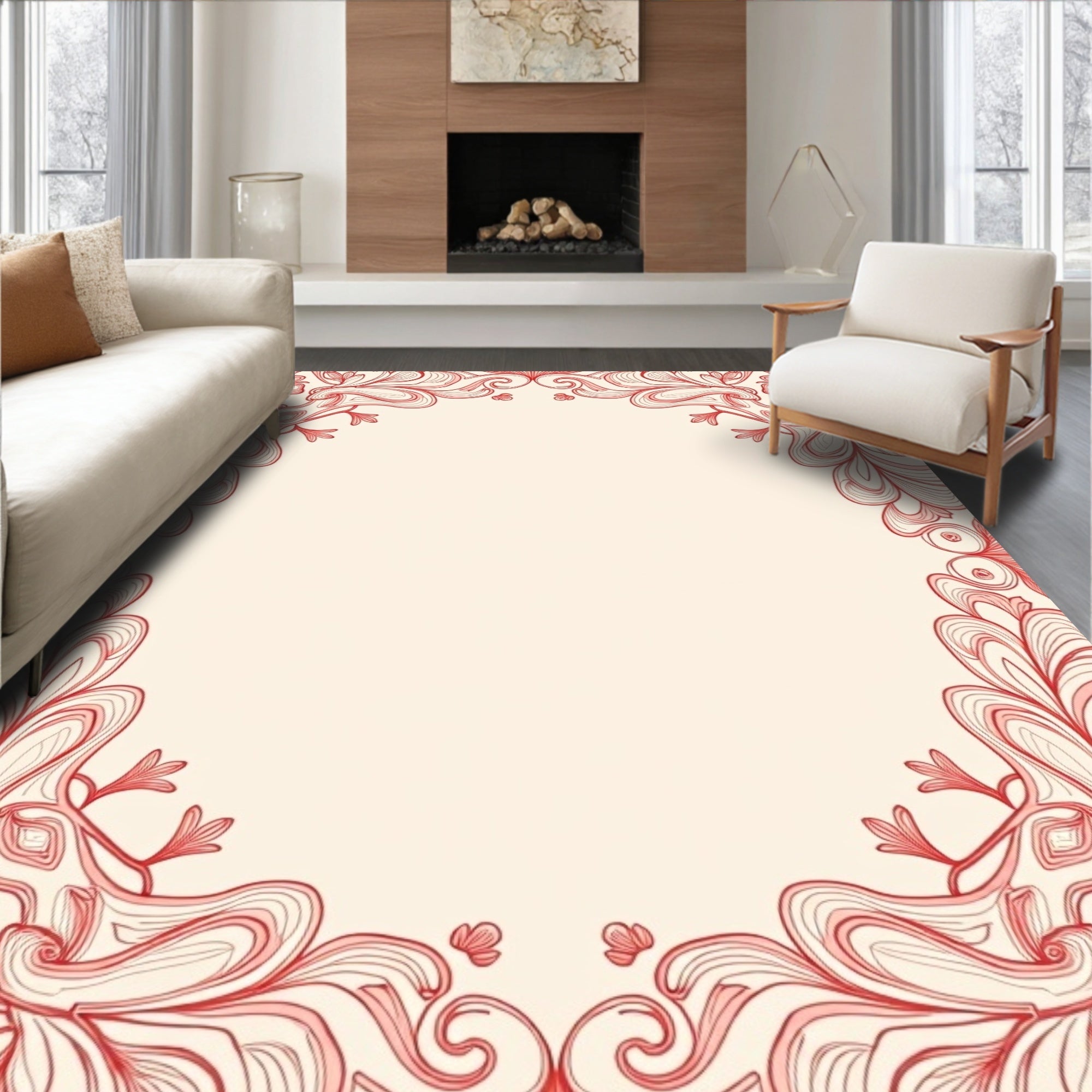 Ornate Crimson Floral Swirl Rug