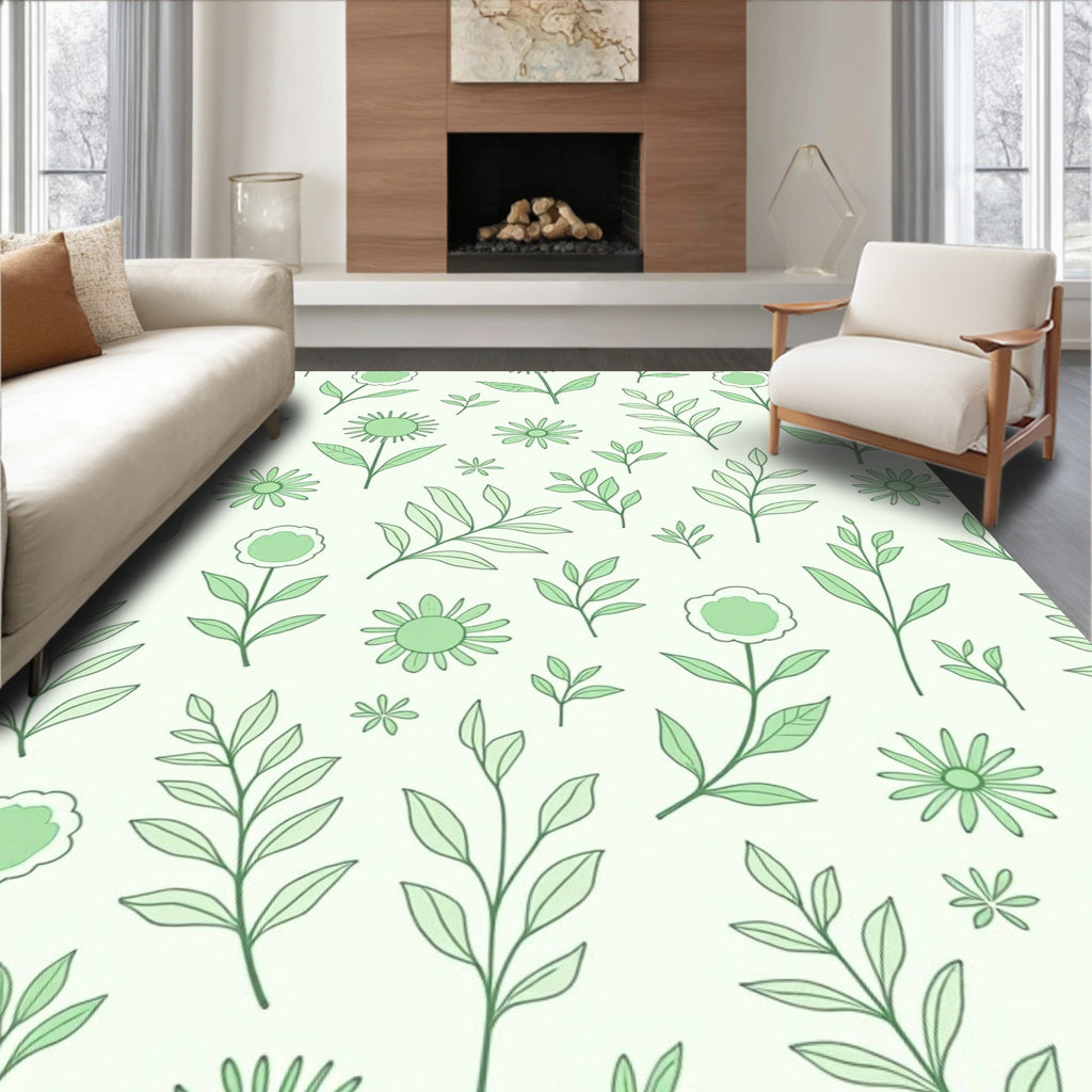 Delicate Green Floral Botanical Pattern Rug