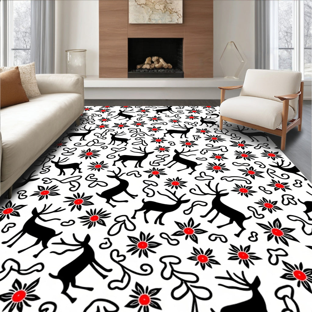 Black Deer Red Bloom Whimsical Art Rug