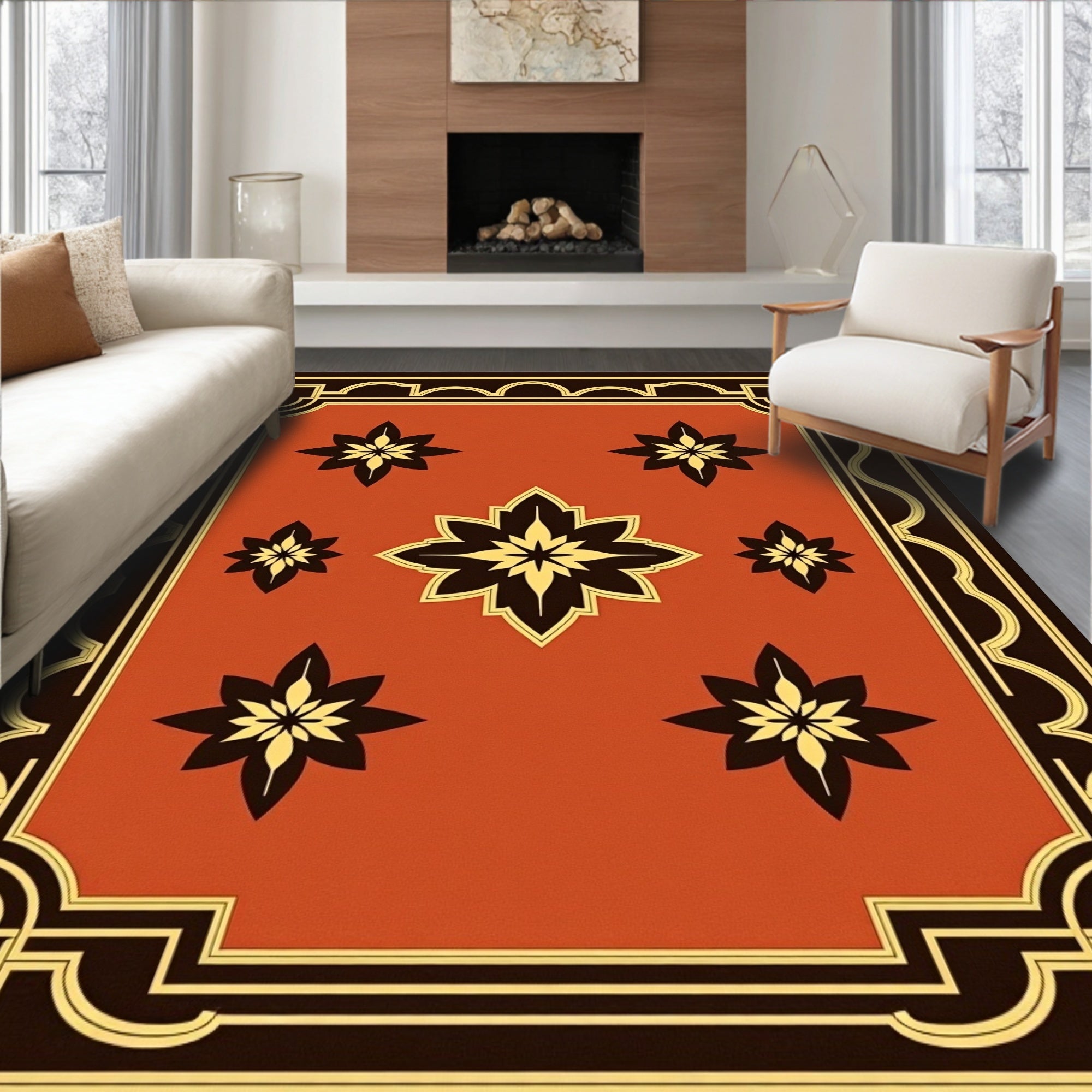 Warm Terracotta Floral Motif Rug