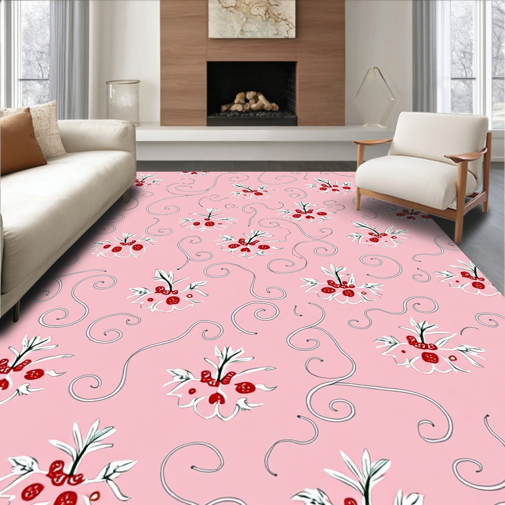 Pink Floral Swirl Line Art Rug
