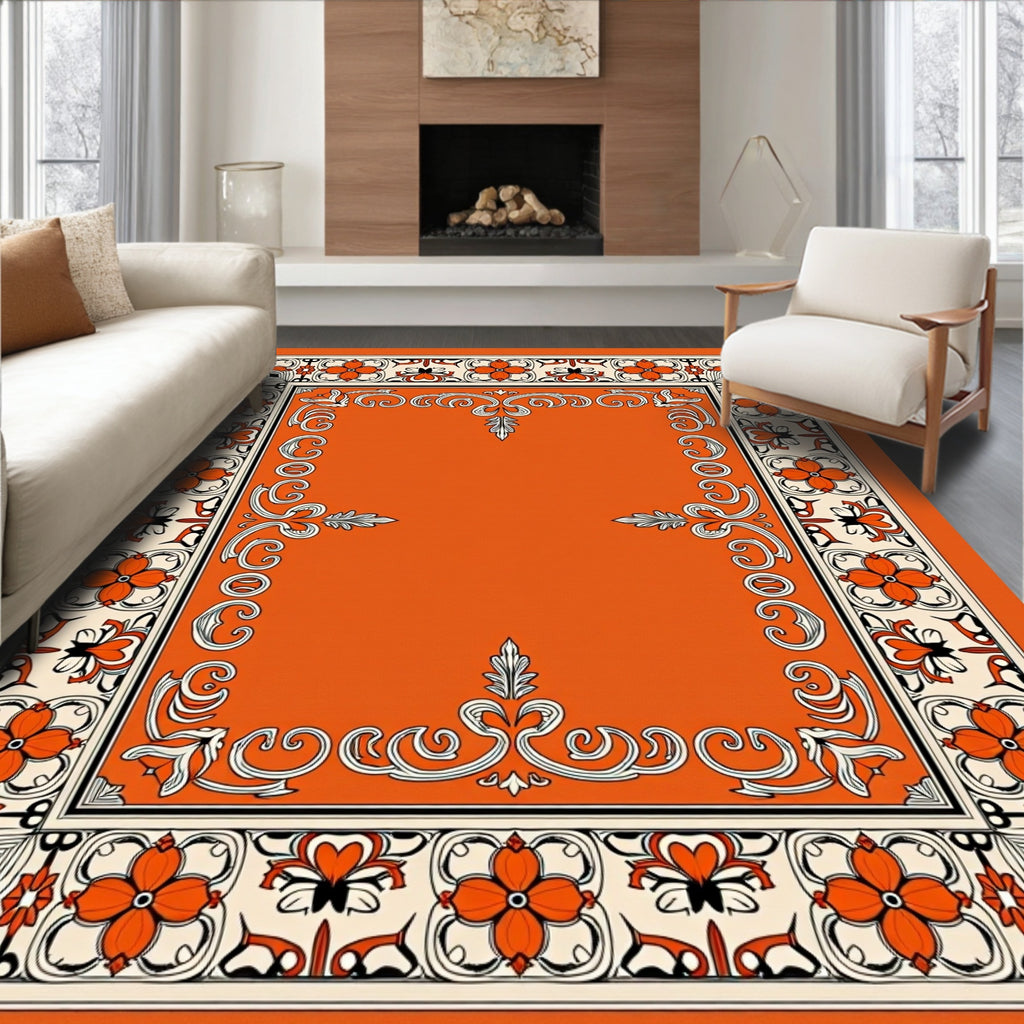 Orange Floral Bordered Rococo Rug