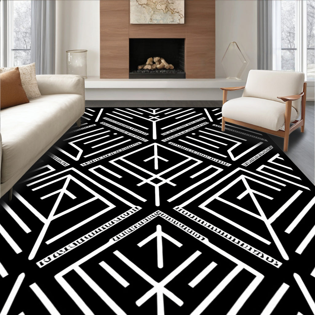 Modern Black White Geometric Pattern Rug