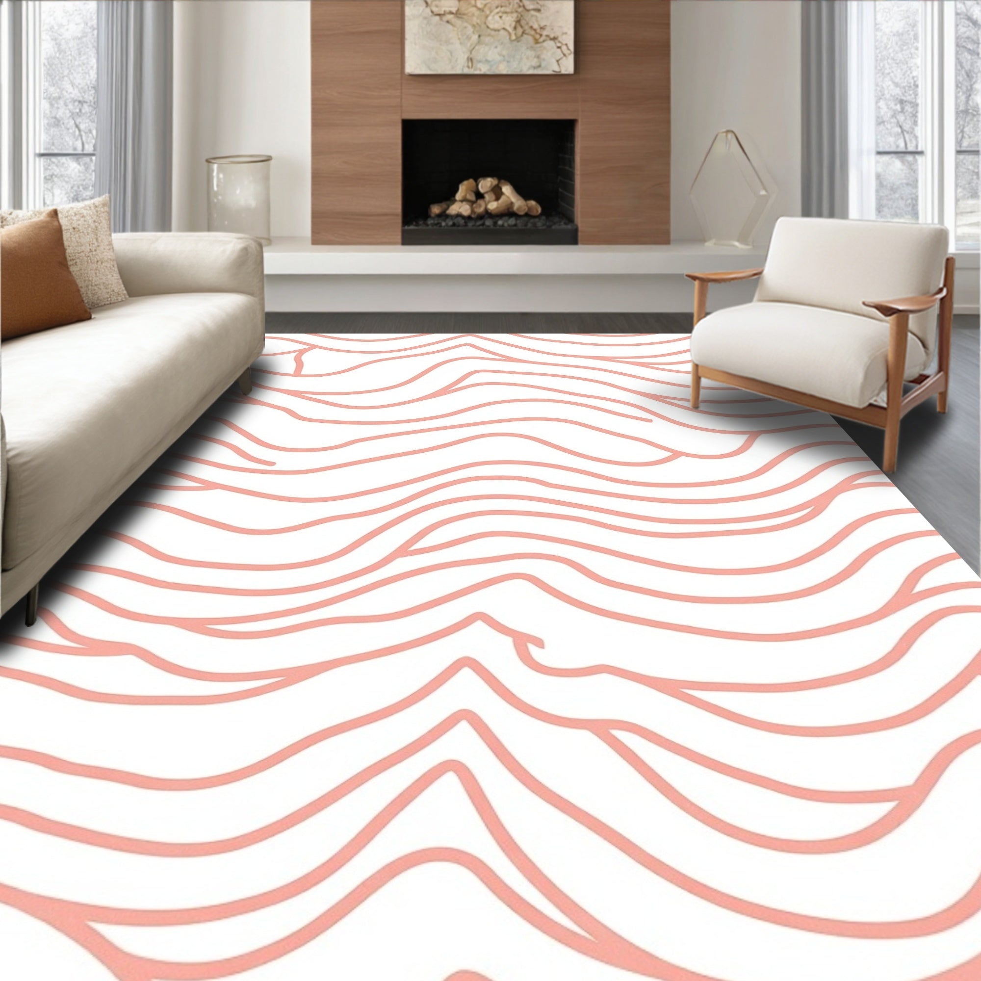 Coral Wavy Abstract Line Art Rug