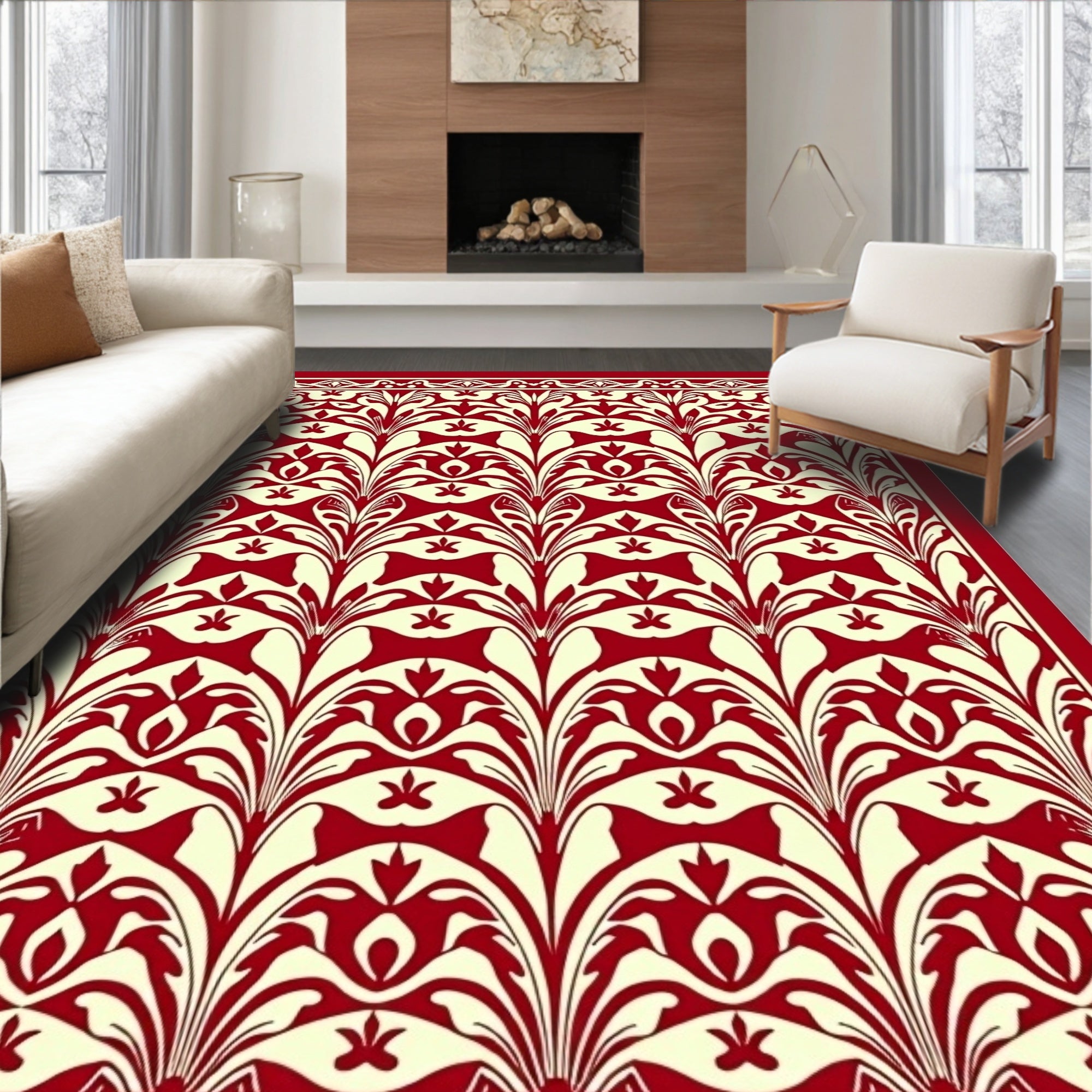 Crimson Cream Floral Patterned Rug