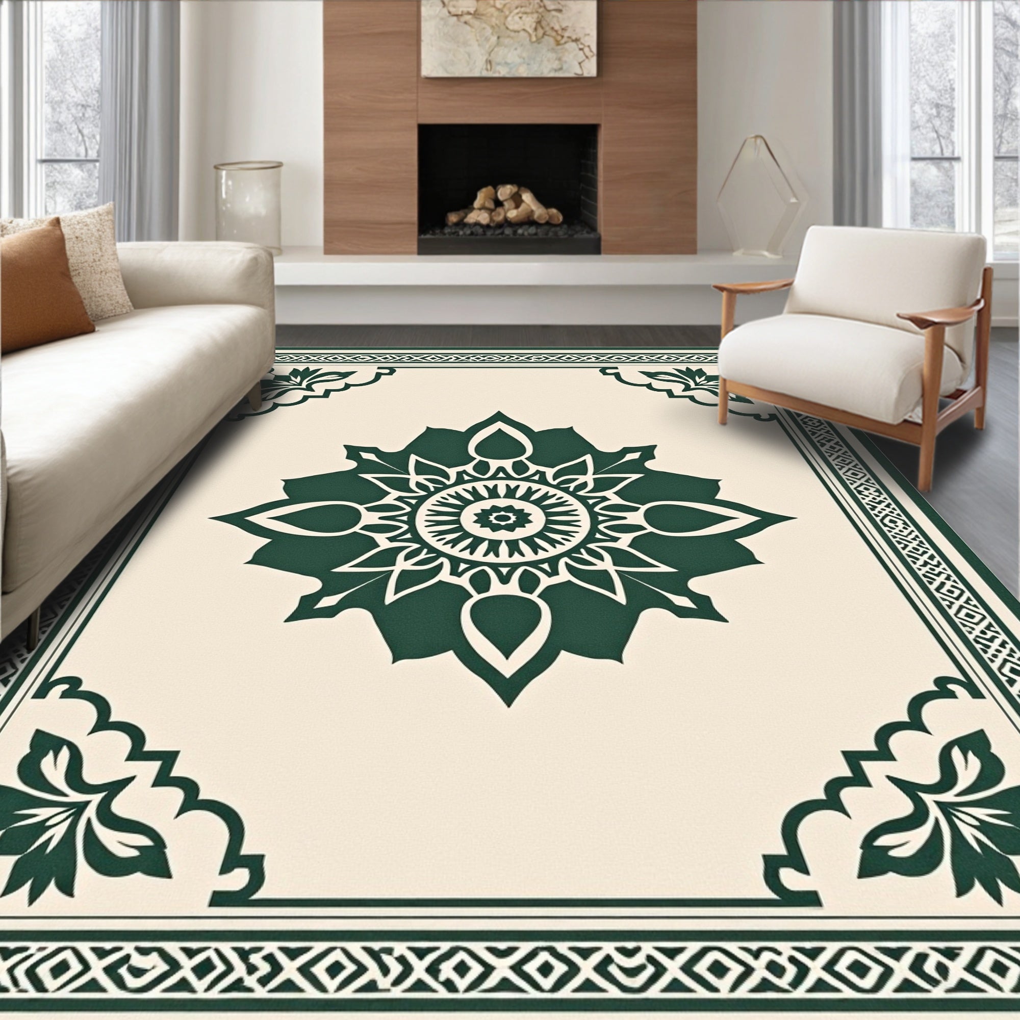 Dark Green Floral Mandala Geometric Design Rug