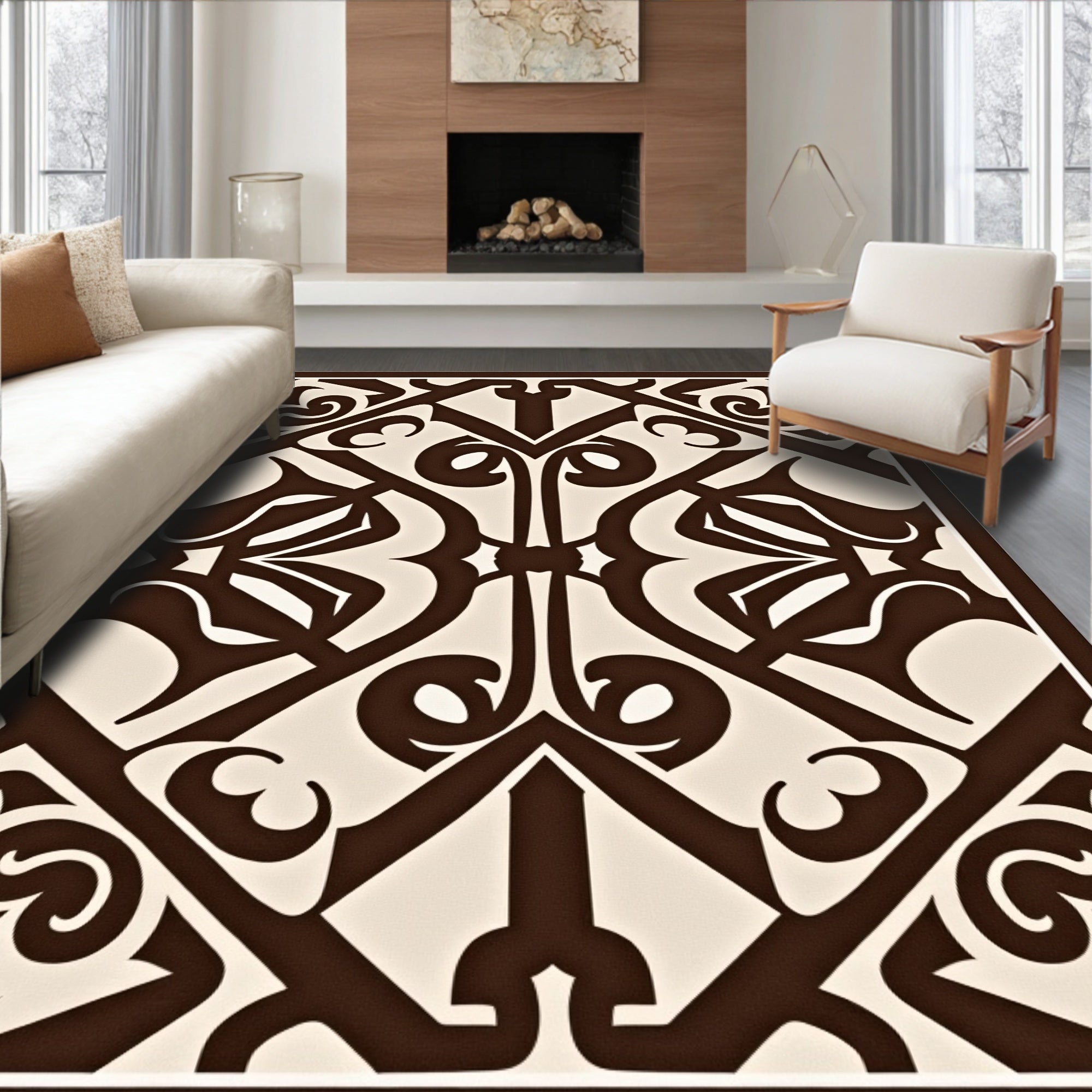 Brown Beige Classic Scroll Pattern Rug