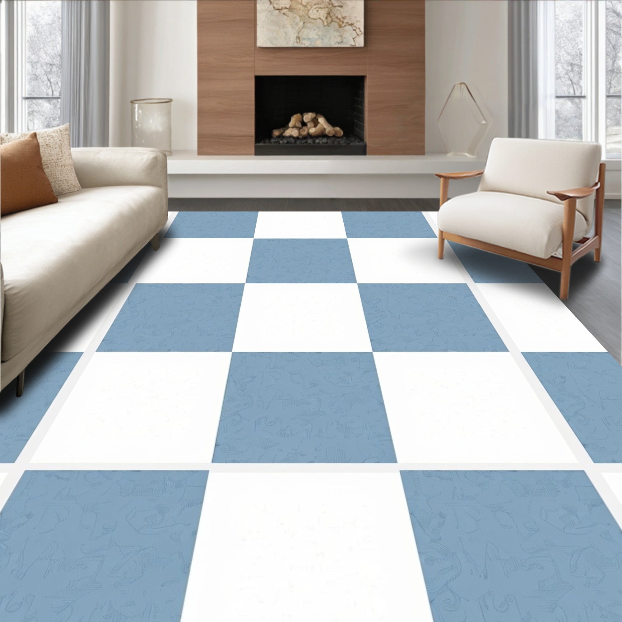 Checkerboard Blue White Figural Pattern Rug