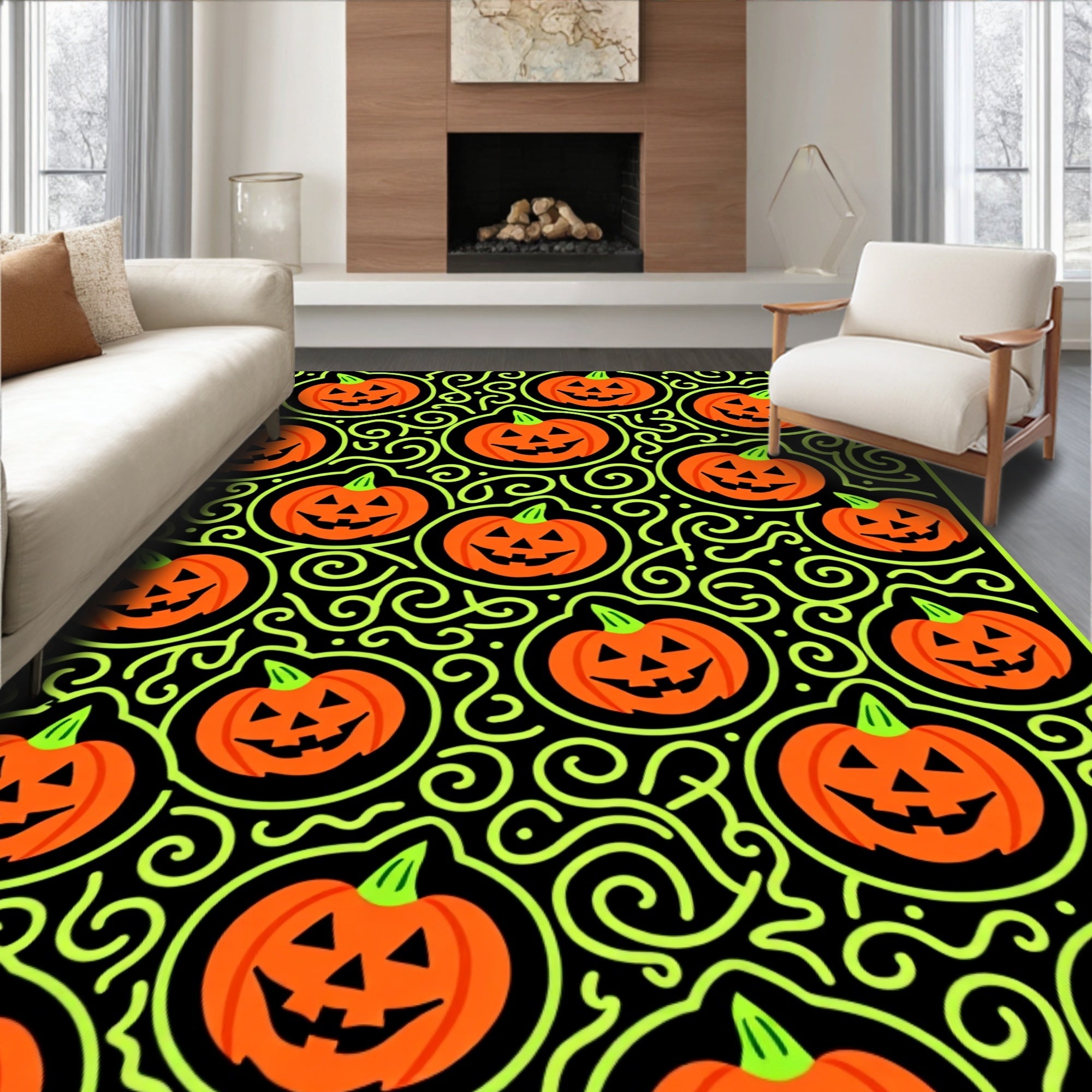 Orange Jack O Lantern Swirl Accent Rug