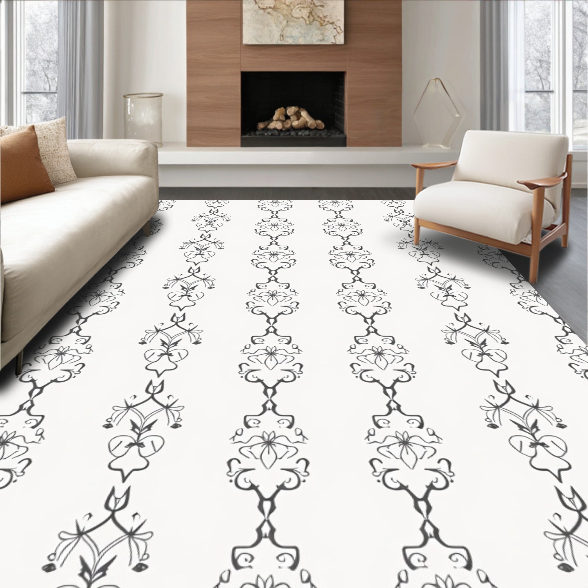 Elegant Black Floral Stripe Design Rug